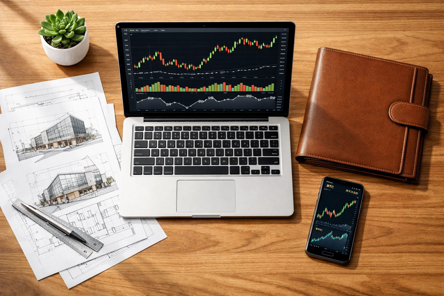 Investment desk with cryptocurrency charts, real estate blueprints, and financial portfolio planning