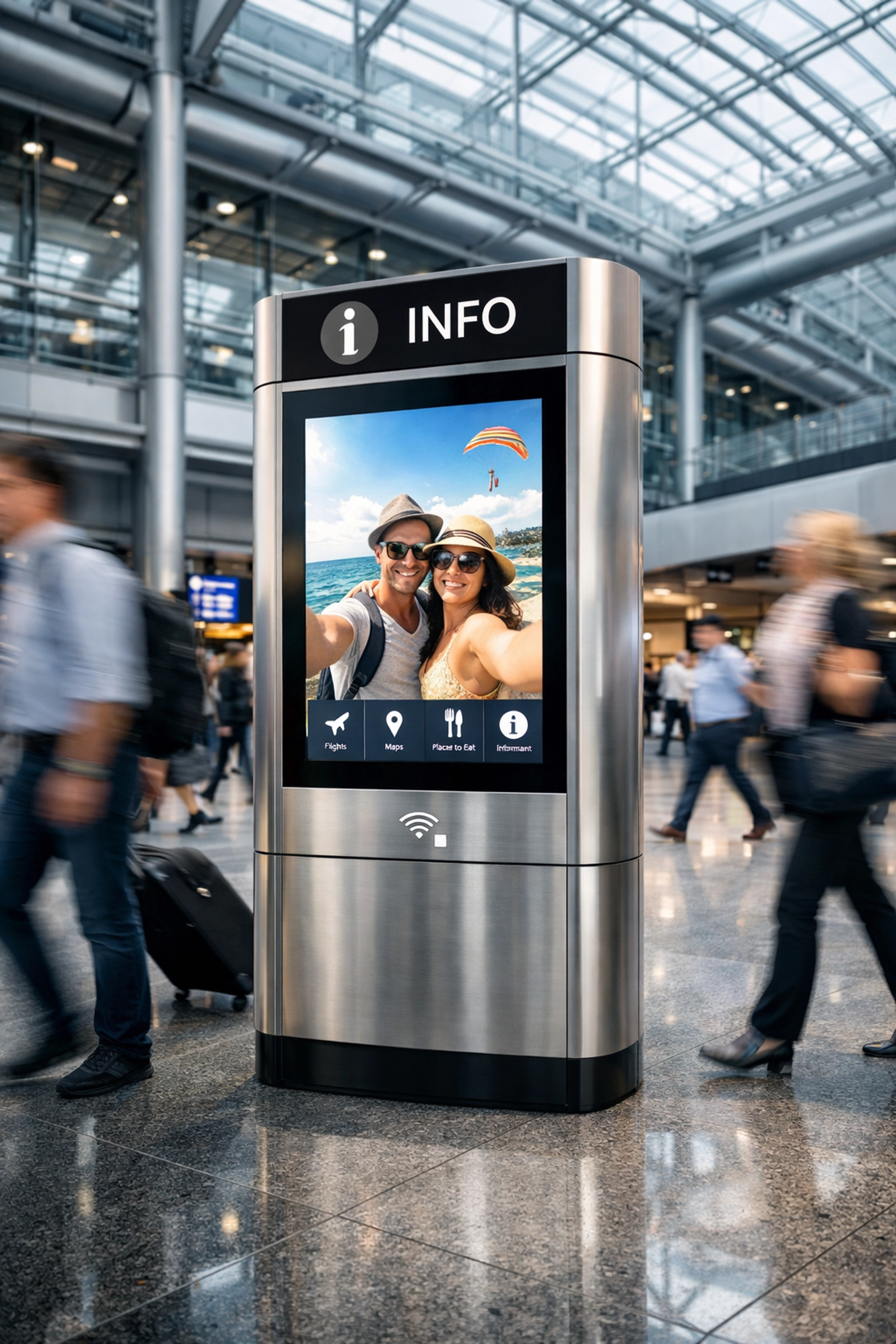 Smart communications device and digital advertising kiosk in a busy stadium concourse for brand engagement.
