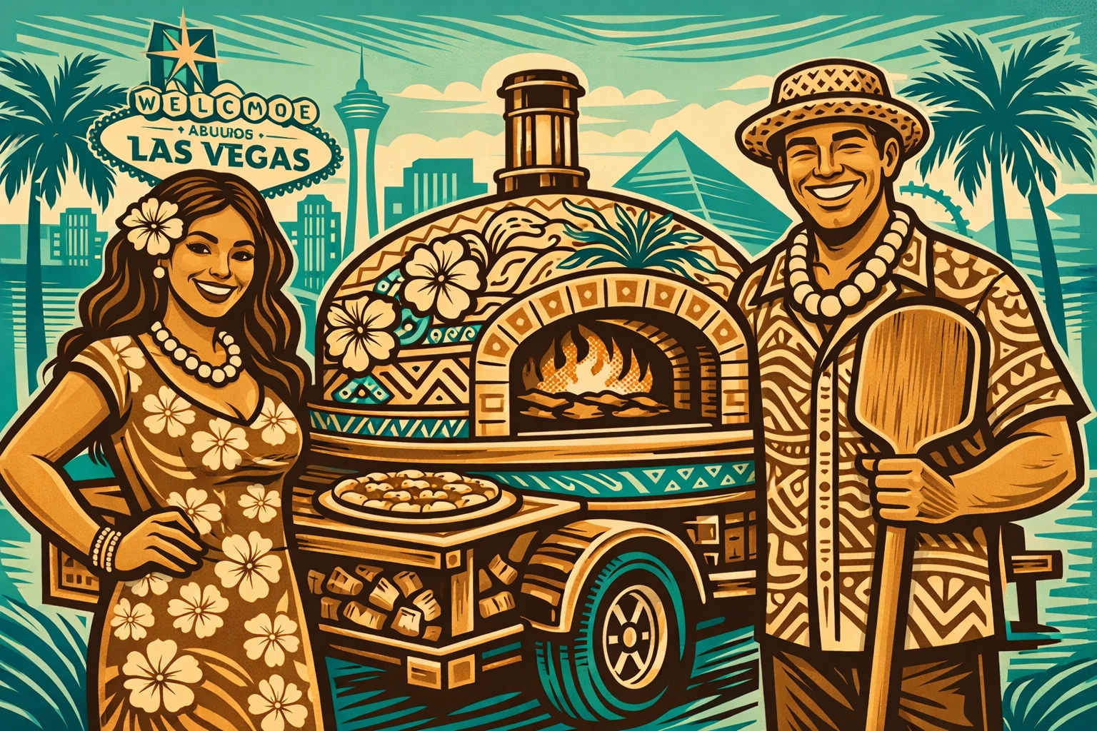 Jay and Michelle Stevens by their artisan wood-fired pizza oven for Guido Pie at TALOFA FEST.