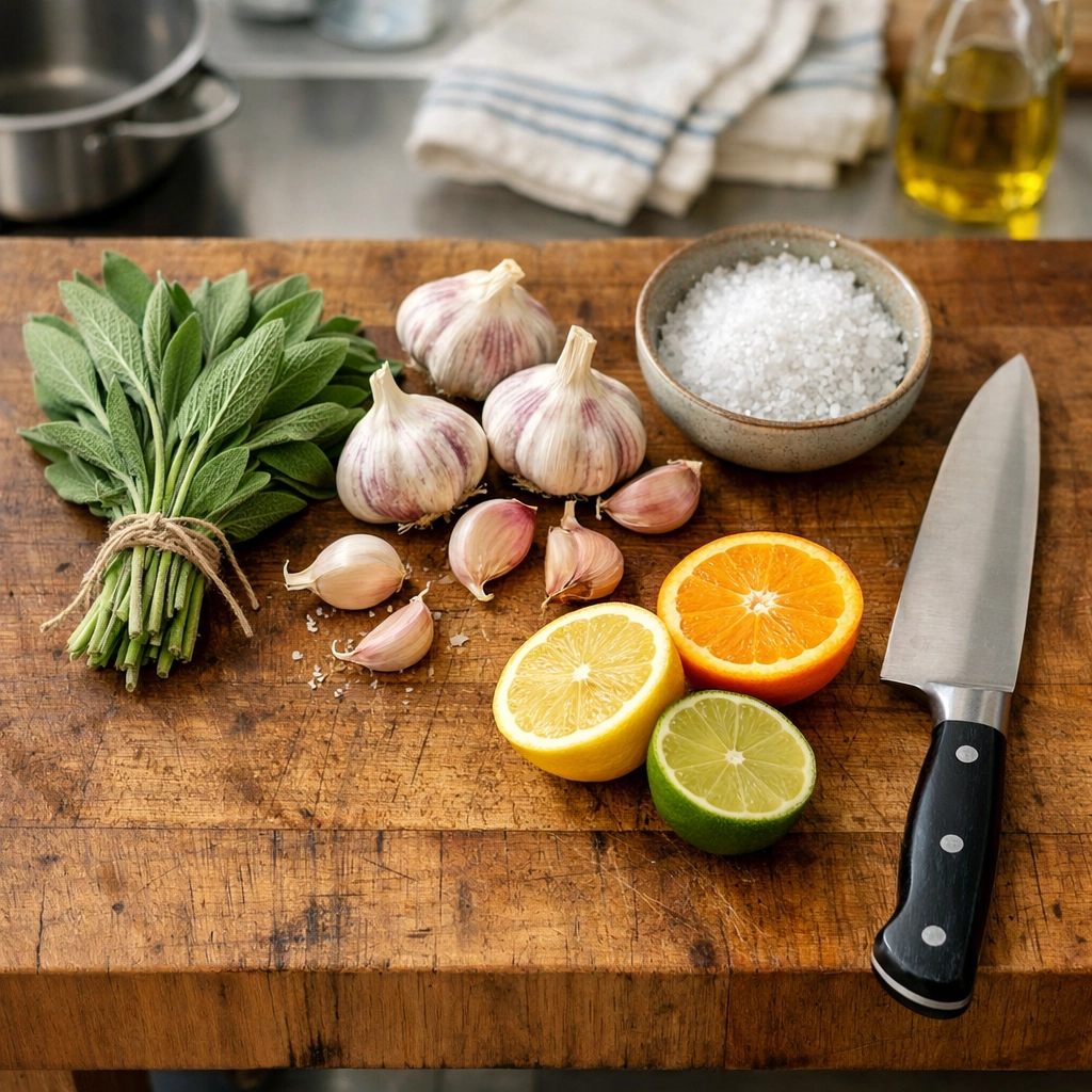 Fresh PNW ingredients on a butcher block for a stress-free private chef event in your home kitchen.