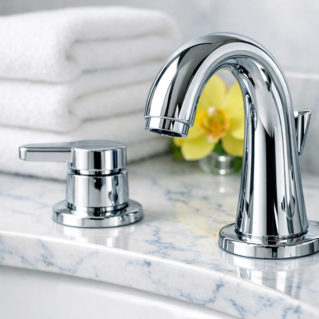 Polished chrome bathroom faucet and quartz vanity showcasing detailed deep cleaning services.