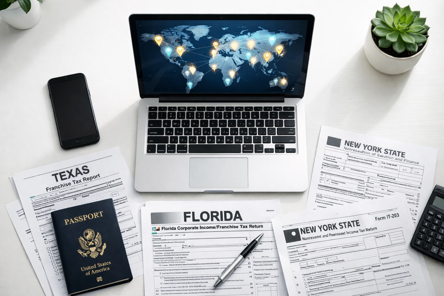 Digital nomad workspace with laptop, passport, and multi-state tax forms on desk
