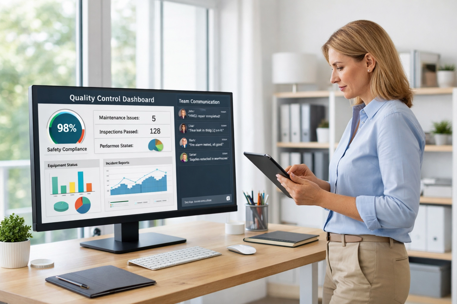 Facility manager reviewing quality control metrics and client feedback data on monitor