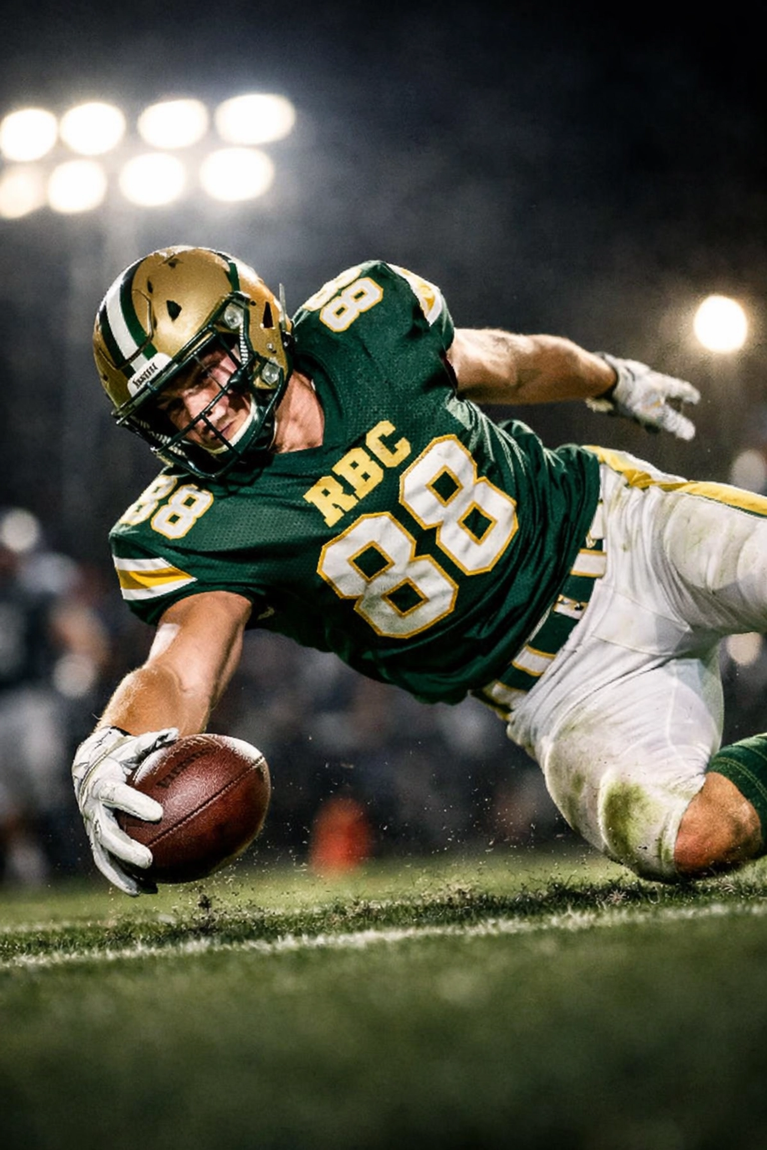 Tight end making athletic catch in Red Bank Catholic green and yellow jersey