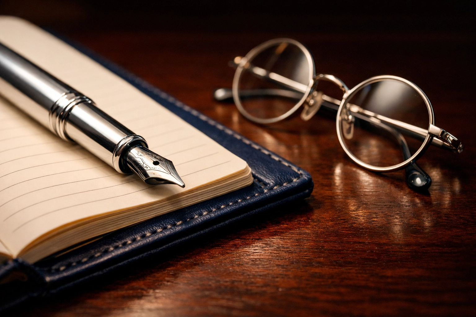 Silver fountain pen resting on a navy leather notebook, symbolizing intentionality and peace in daily life.