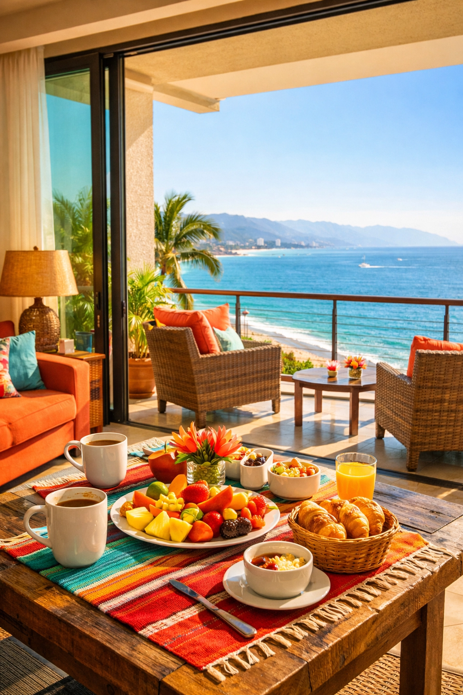 Puerto Vallarta condo interior with ocean view terrace and romantic breakfast setup for couples