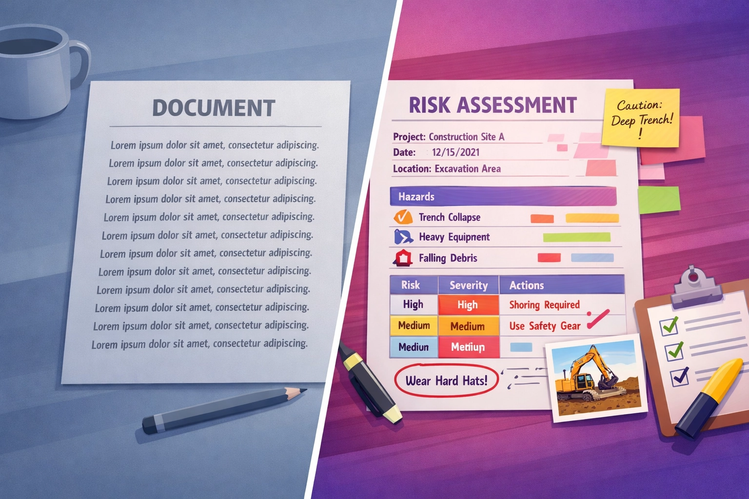 Generic risk assessment template compared to detailed site-specific risk assessment document