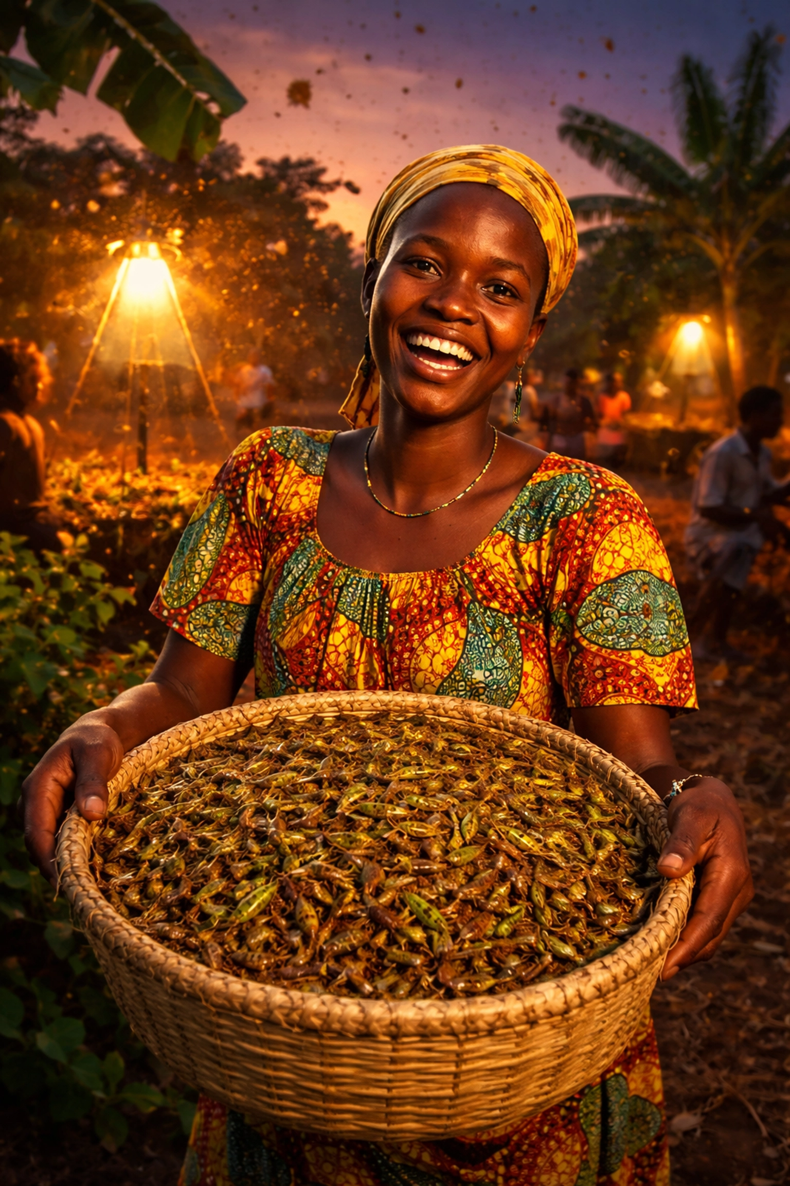 Ugandan woman with basket of grasshoppers at sunset during Nsenene season, celebrating unique Uganda traditions.