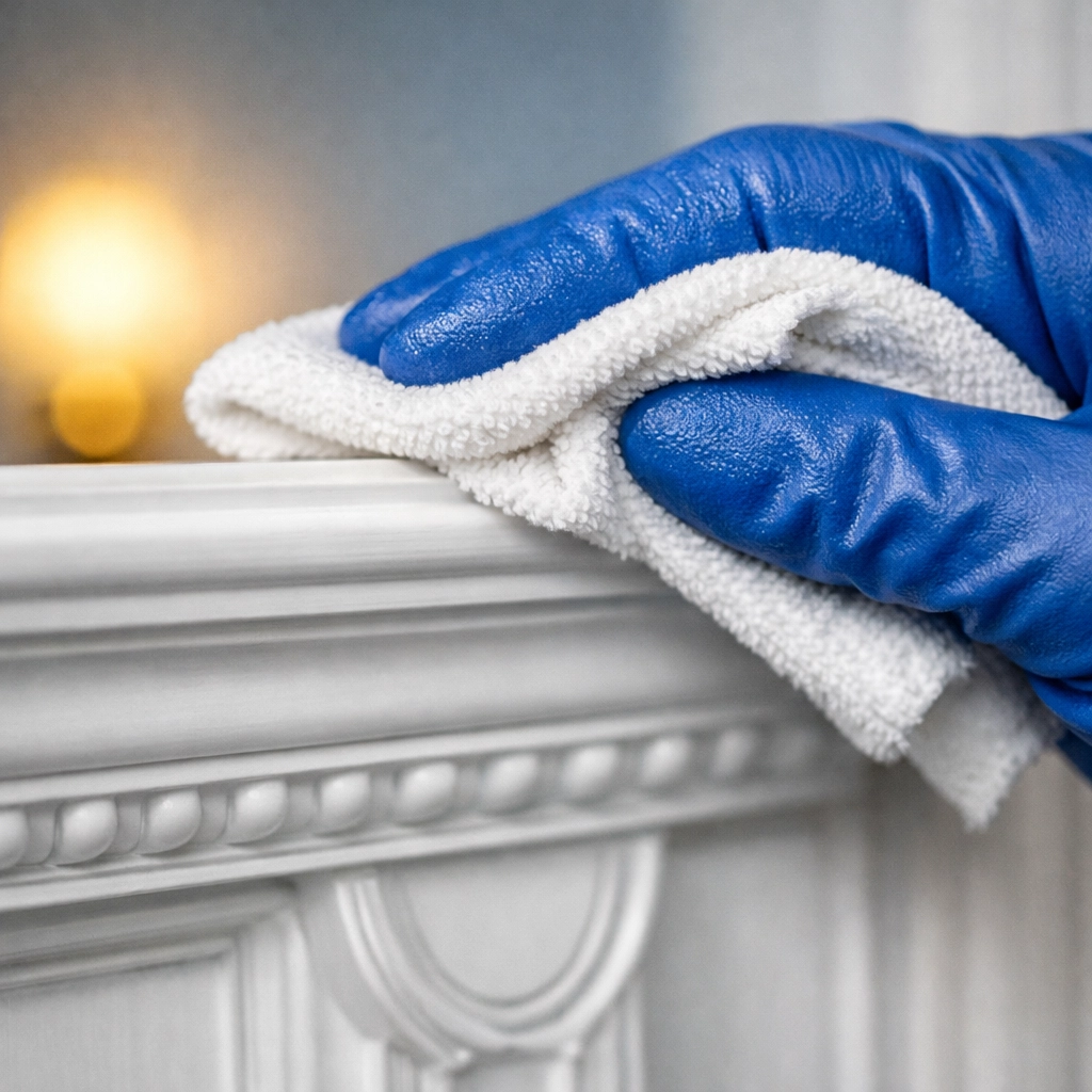Ninja-level deep cleaning focusing on hidden dust on white ornate door frames in a luxury Massachusetts home.