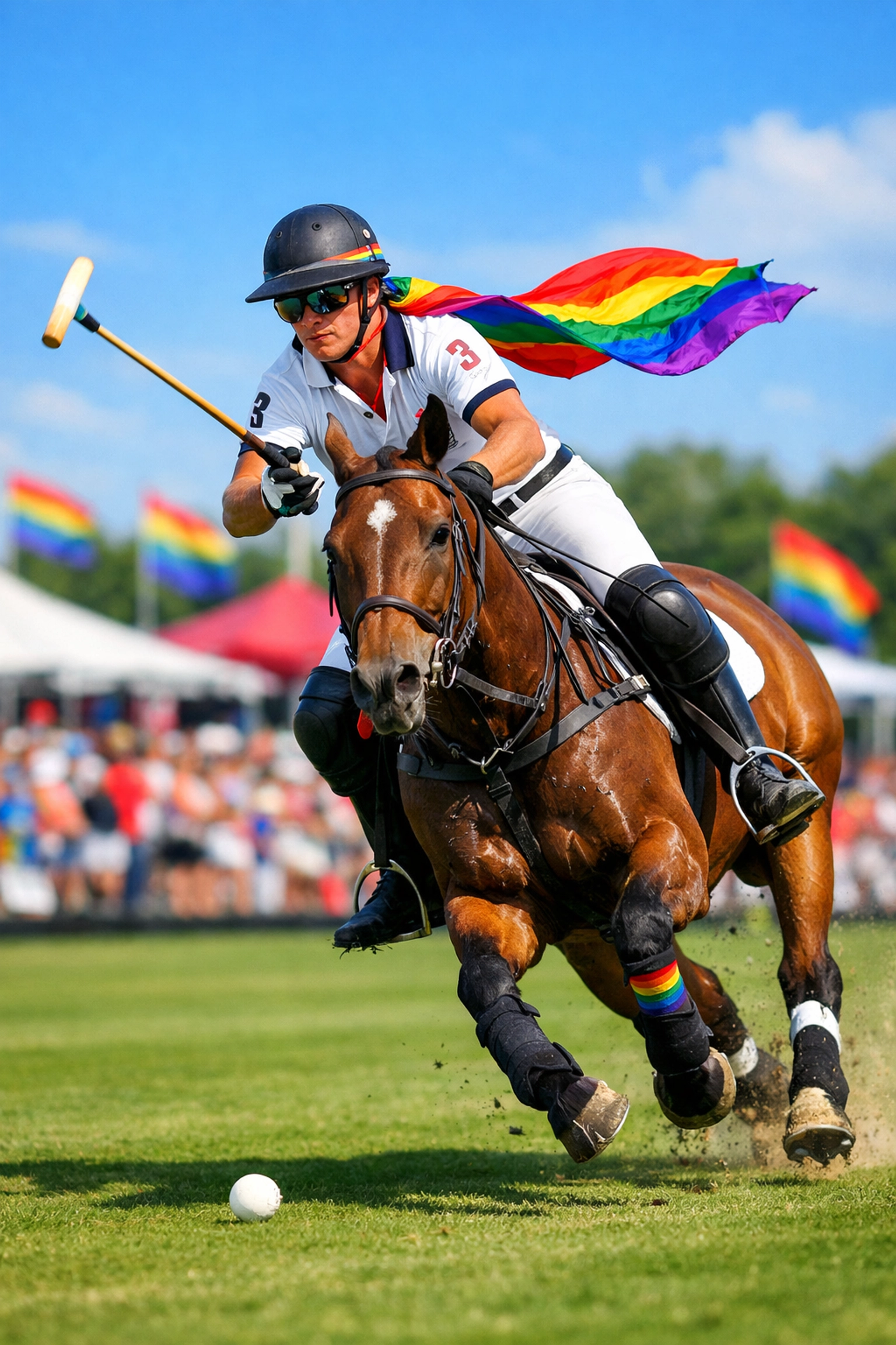 A polo player with a rainbow scarf competes in the 2026 International Gay Polo Tournament in Wellington.