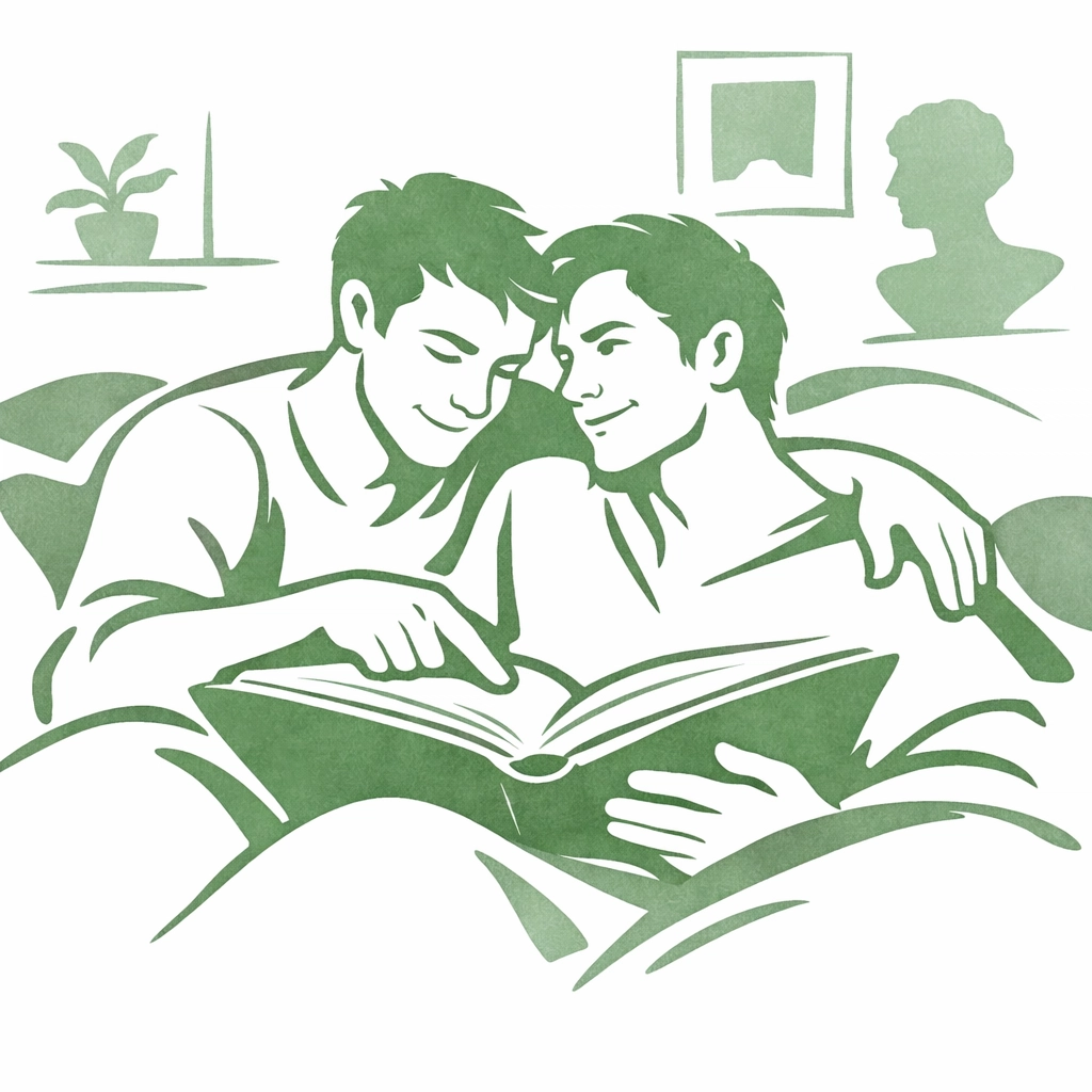 Two men sharing a romantic connection while reading a book together in a cozy literary setting.