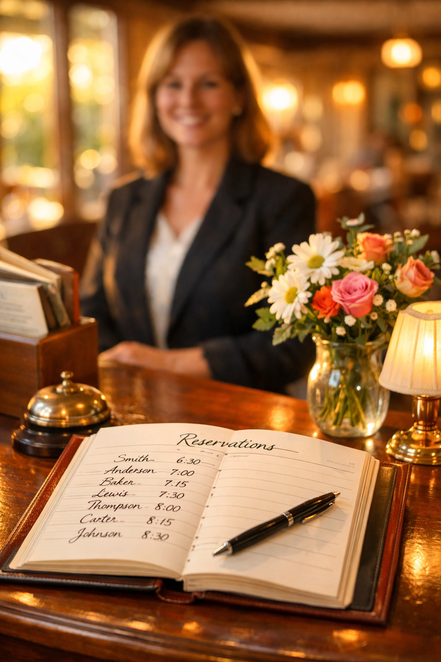 Traditional restaurant hostess stand with handwritten reservation book and welcoming atmosphere