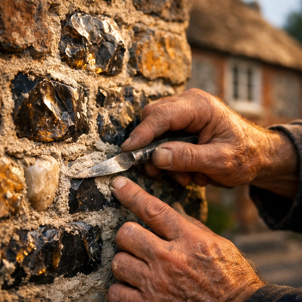 Skilled mason pointing a traditional flint and mortar wall for a heritage home in Chichester.