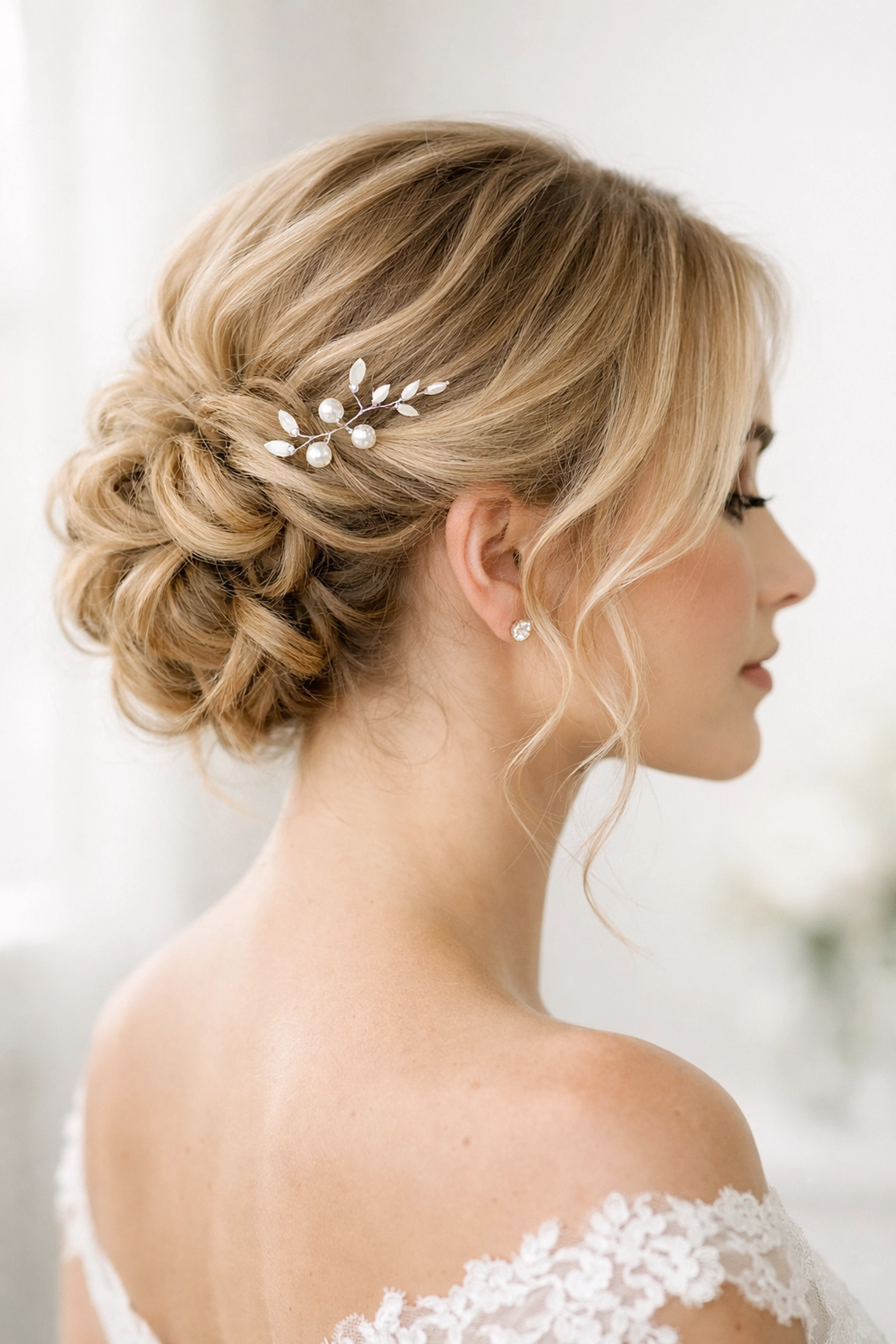 Intricate bridal updo with soft face-framing curls for a modern wedding hairstyle in Concord NH.