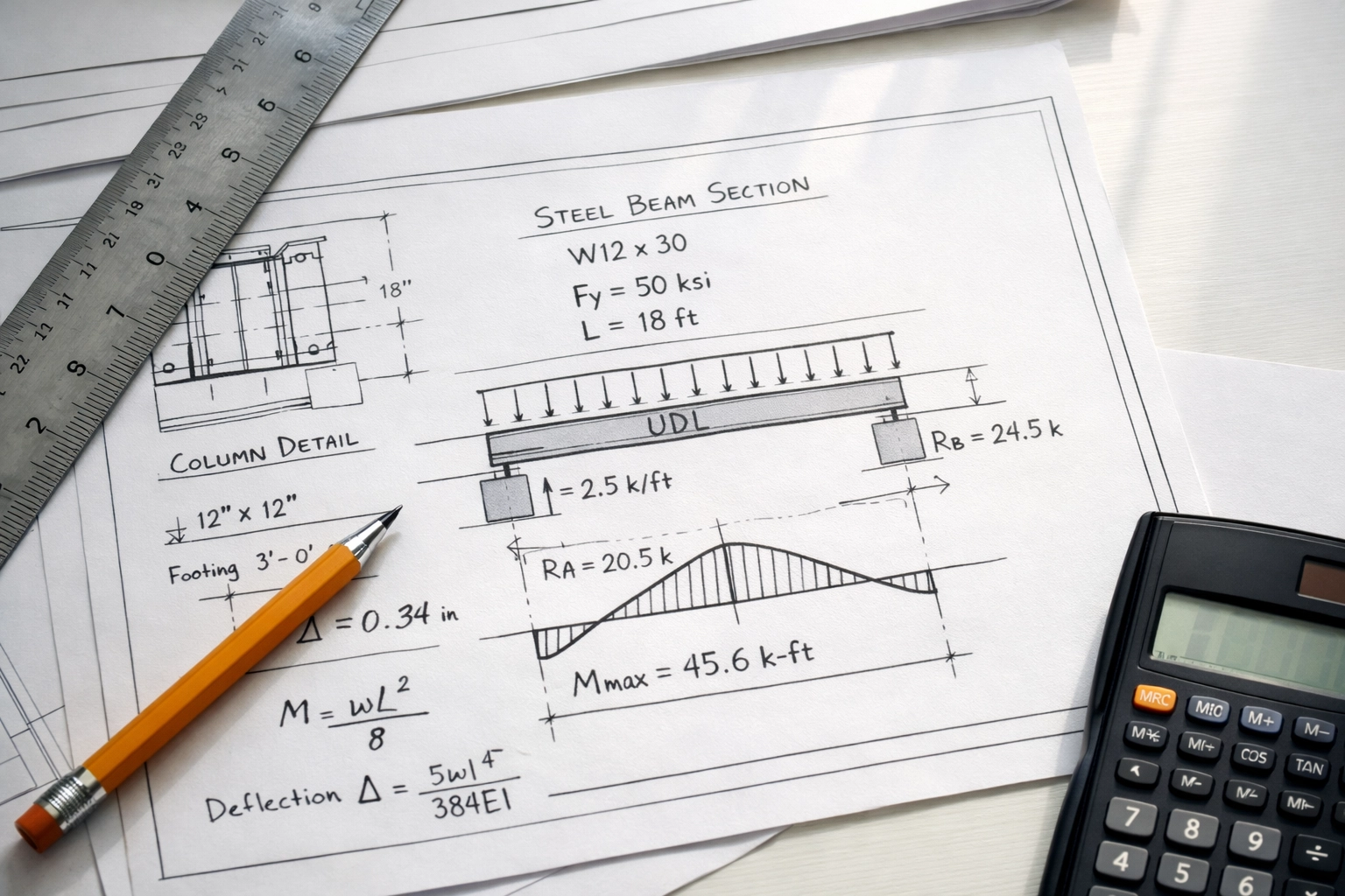 Architectural drawings and structural calculations for London building project on desk