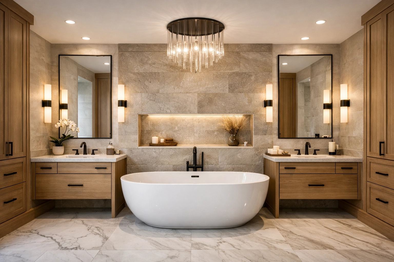 A luxury master bathroom remodel in Orlando featuring a modern freestanding tub and marble tile finishes.