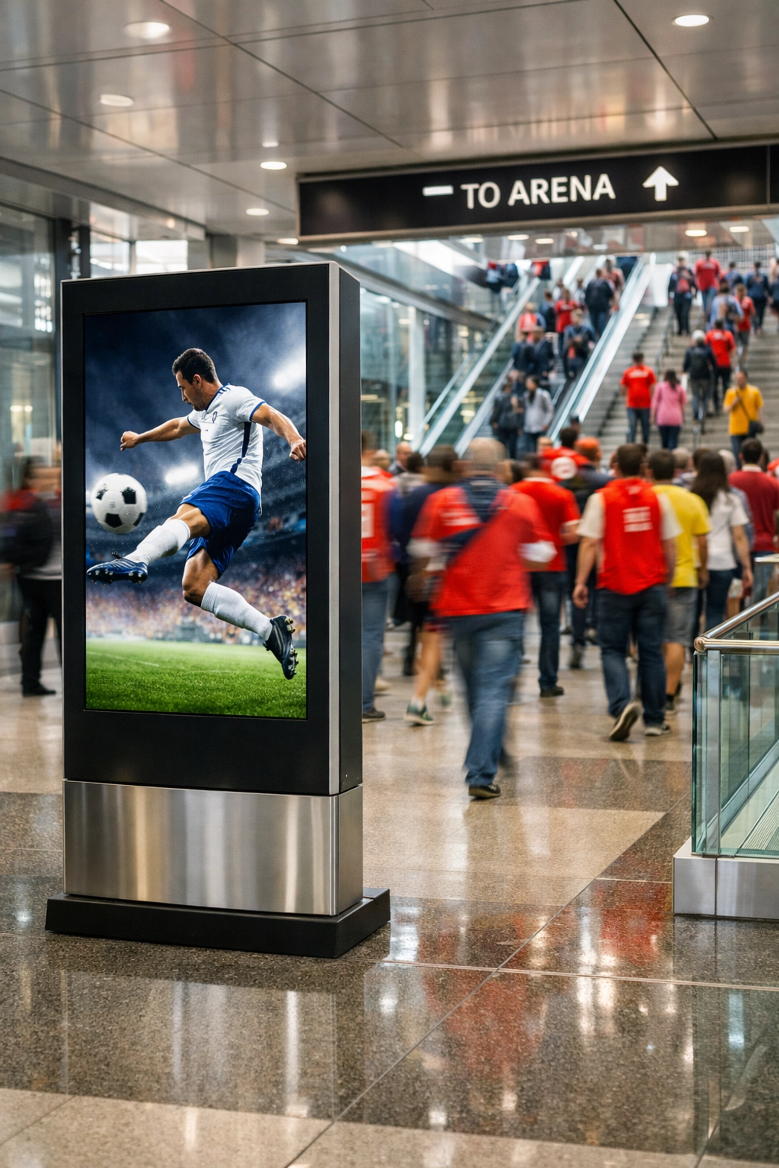 A digital advertising kiosk in a modern transit hub showing programmatic sports content to fans near a stadium.