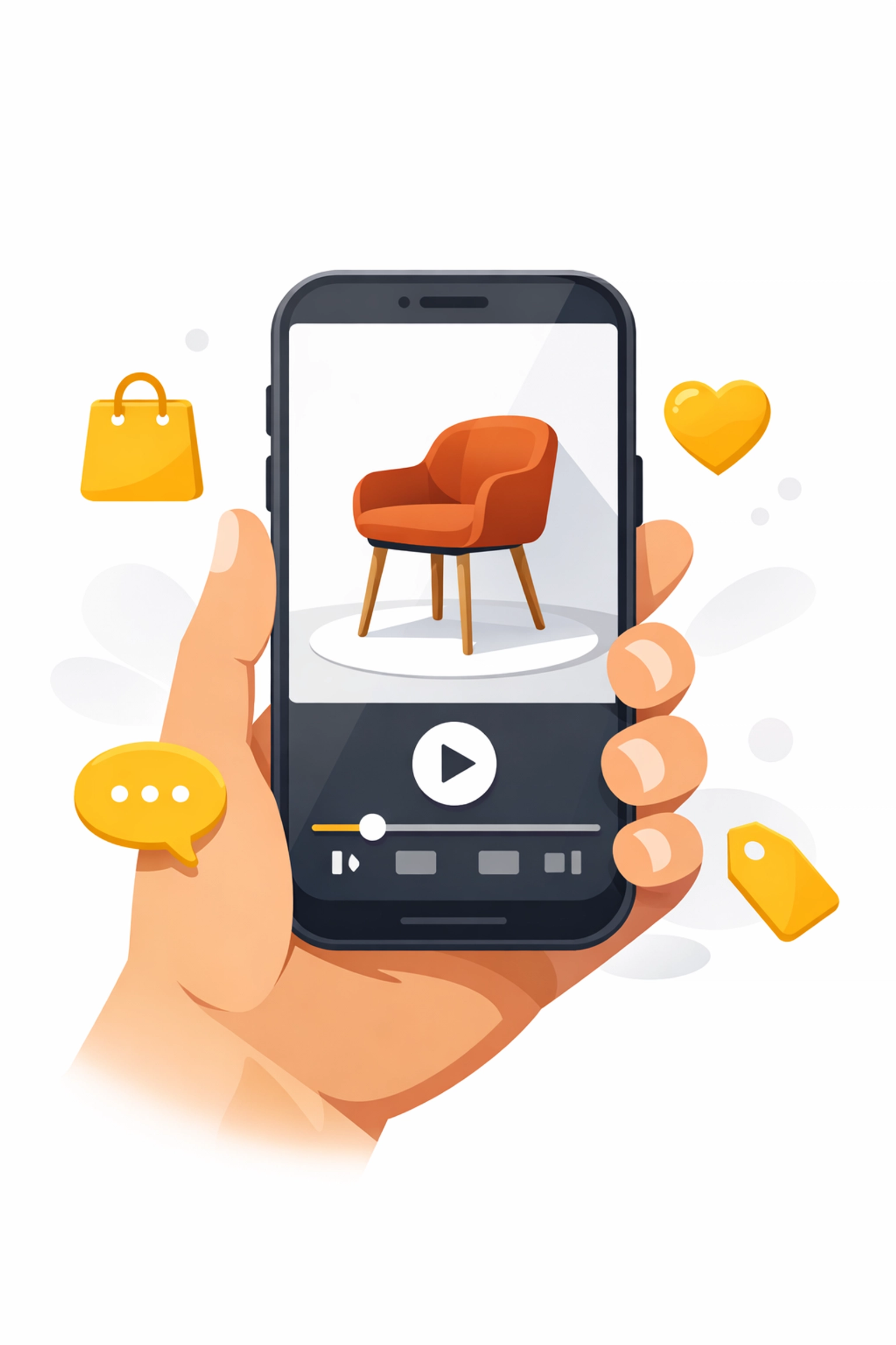 A smartphone displaying a shoppable video with interactive purchase icons for an e-commerce brand.