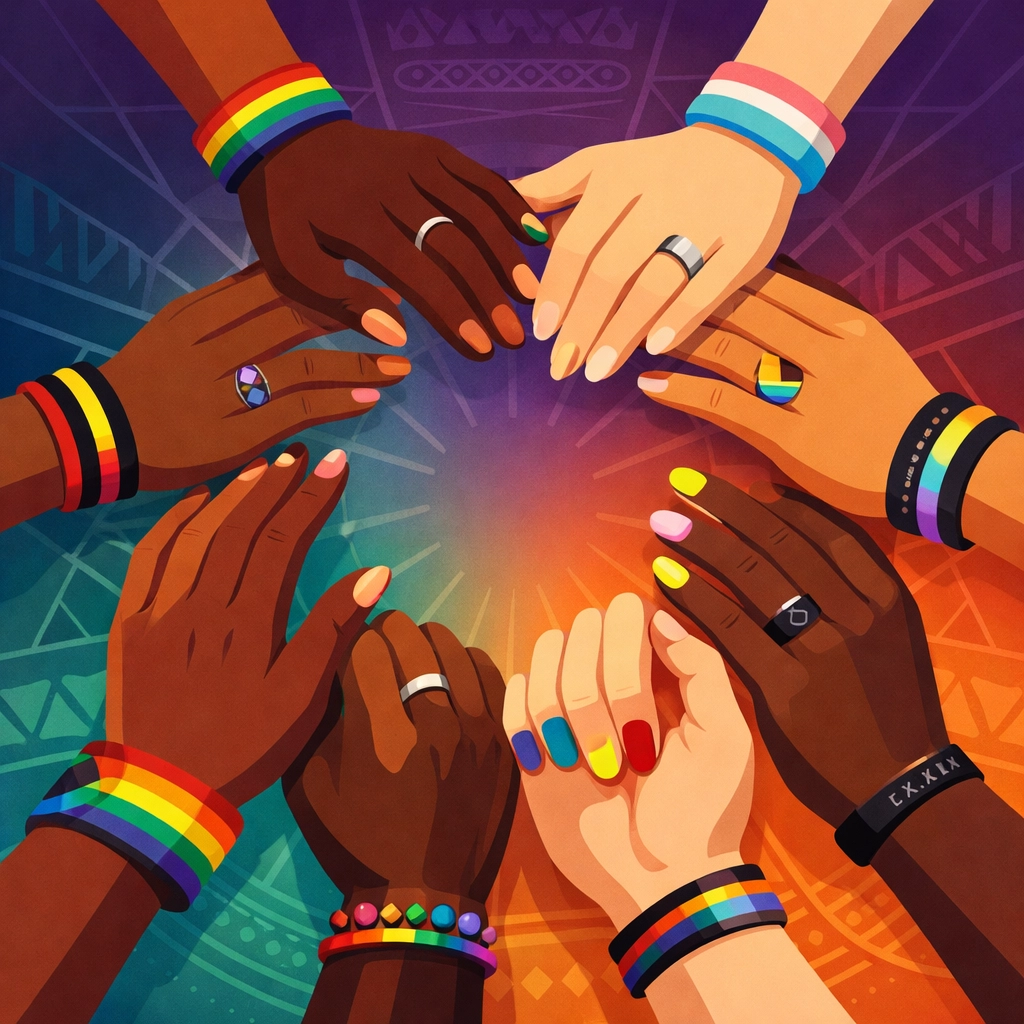 Diverse hands forming supportive circle representing Black queer community unity