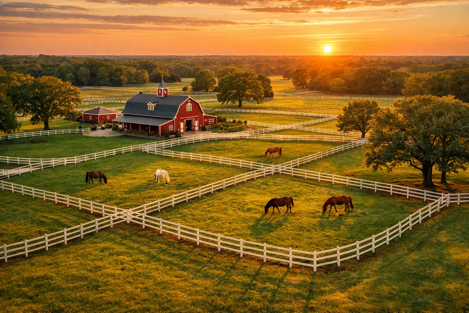 Aerial view of horse farm for sale in Waxhaw NC with pastures, barn, and white fencing