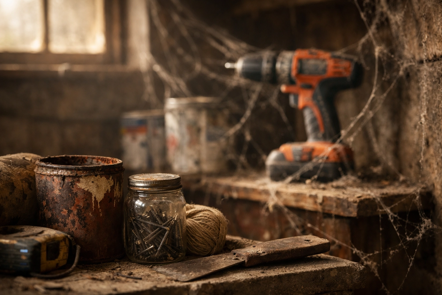 Unused power drill gathering dust on garage shelf surrounded by forgotten DIY tools