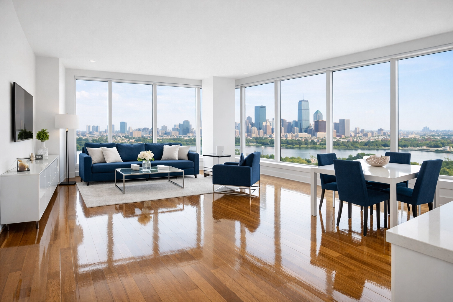 Pristine move-out cleaning Cambridge in a modern Kendall Square luxury apartment with polished floors.