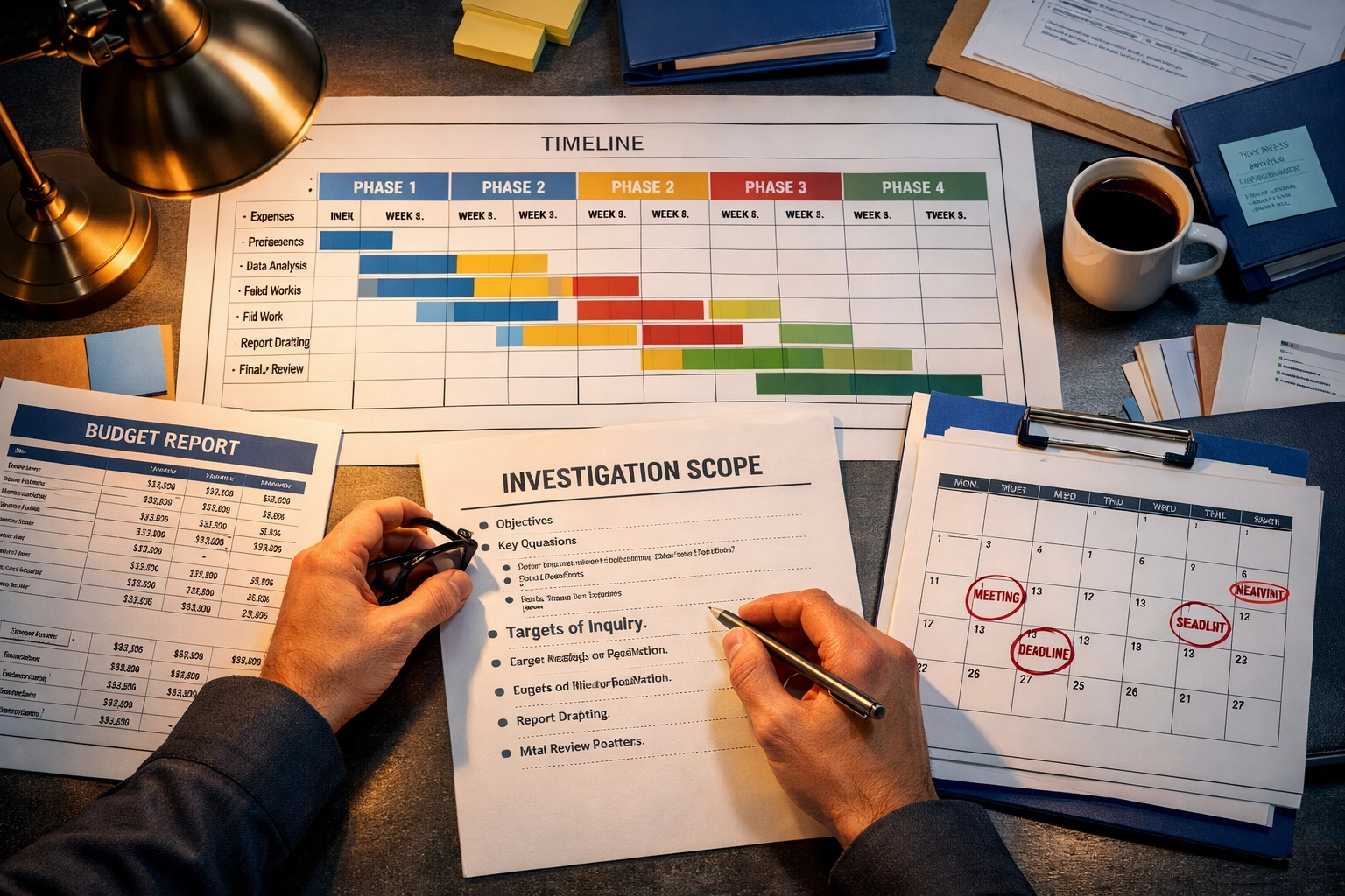Investigation planning documents with timeline charts and scope definition for fraud case building