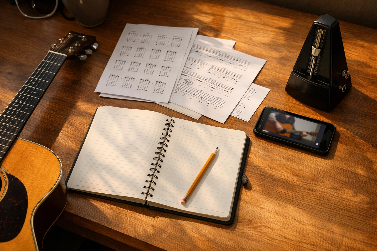 A student feeling overwhelmed by scattered online guitar tabs and complex digital music symbols.