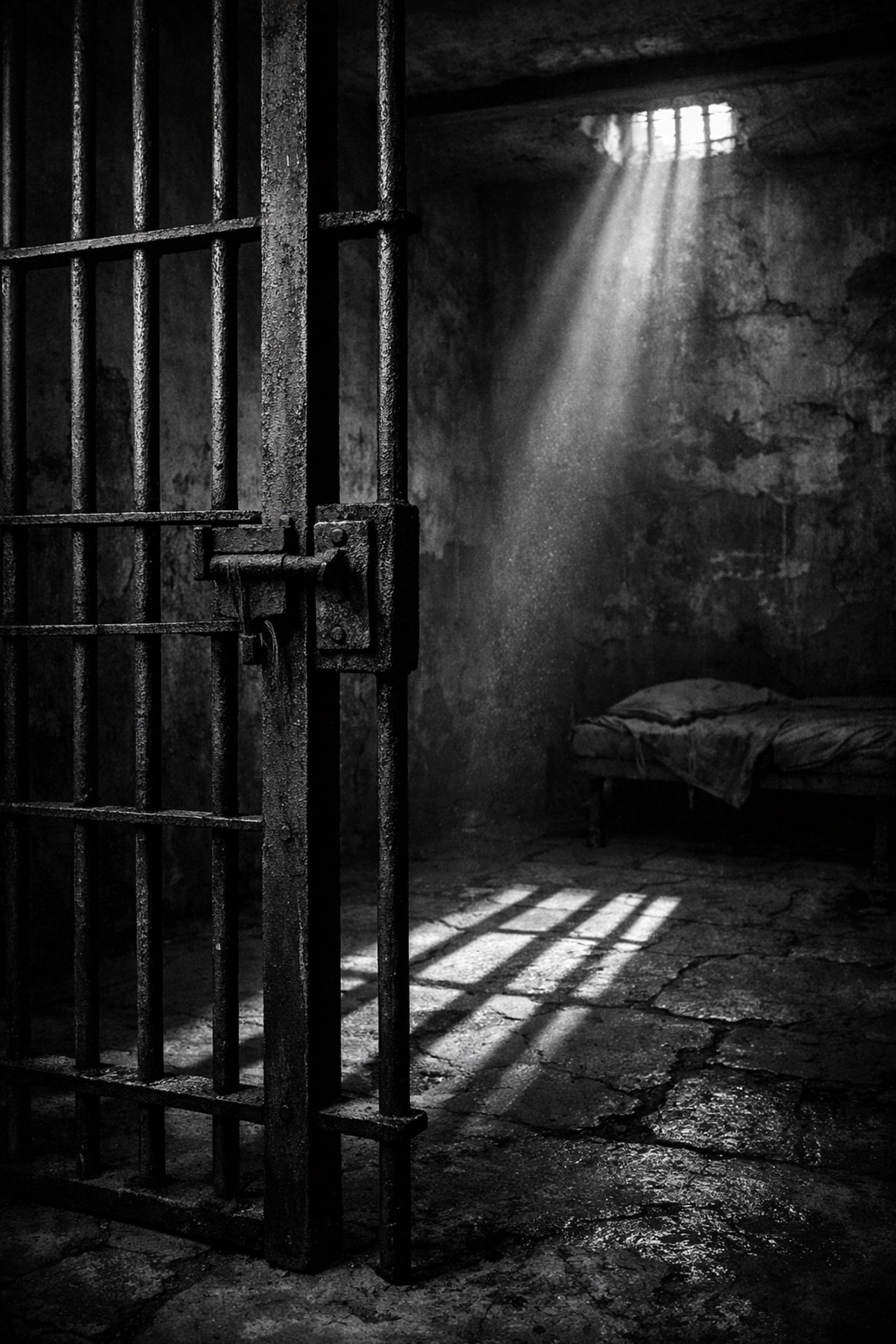 Prison bars casting shadows in Franco-era Spanish cell representing LGBTQ+ persecution