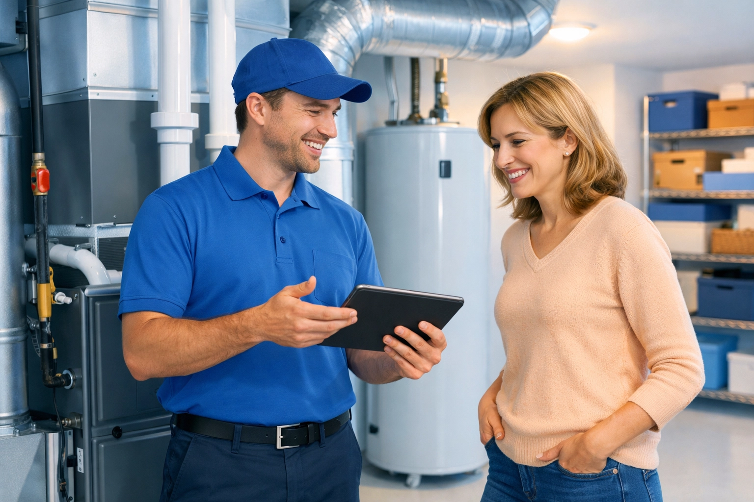 Professional technician explaining furnace repair options to a homeowner during a service call.
