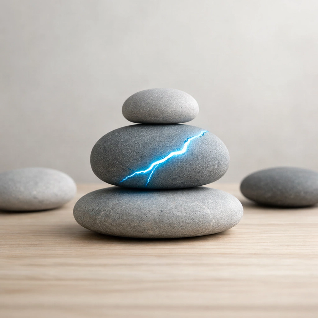 Balanced stones with a glowing blue vein symbolizing resilience through recovery and the ARCHR²™ repair loop.