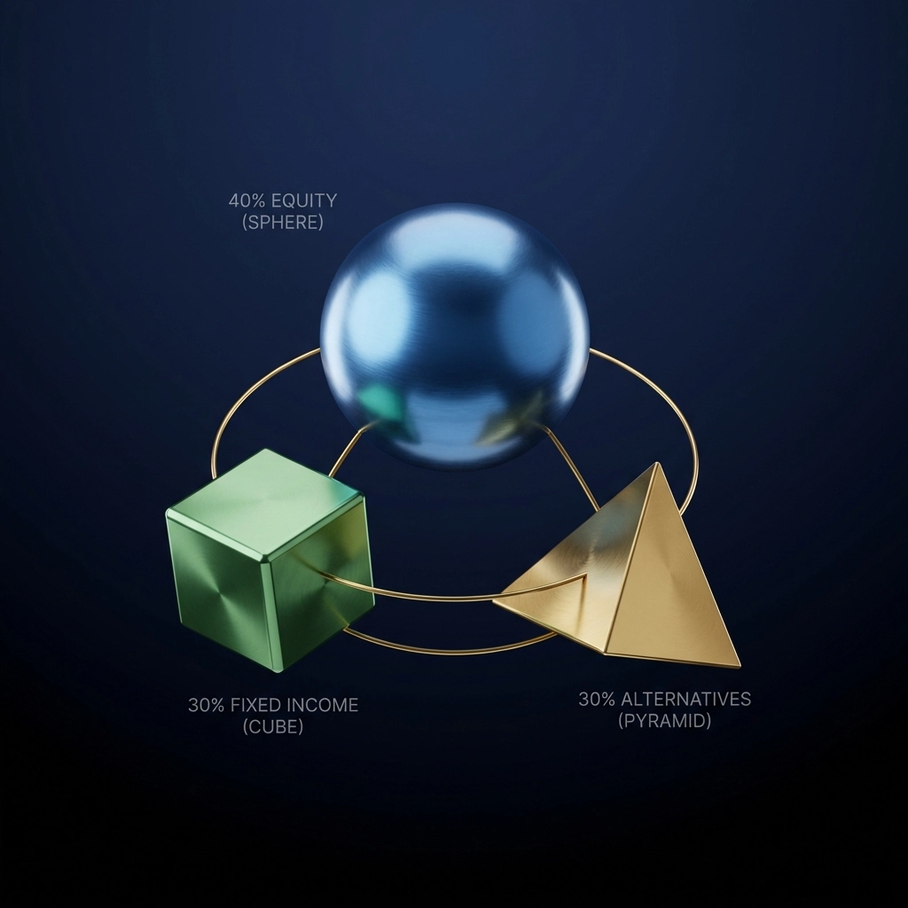 Visual representation of a diversified 40/30/30 investment portfolio, illustrating balanced asset allocation for stability.