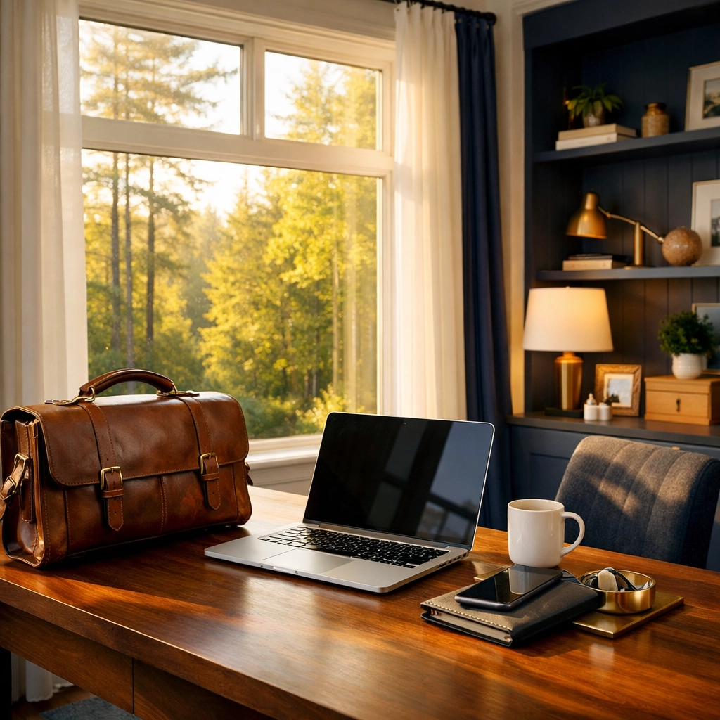 Clean Stow MA home office with forest views, showcasing an organized space for busy commuters.