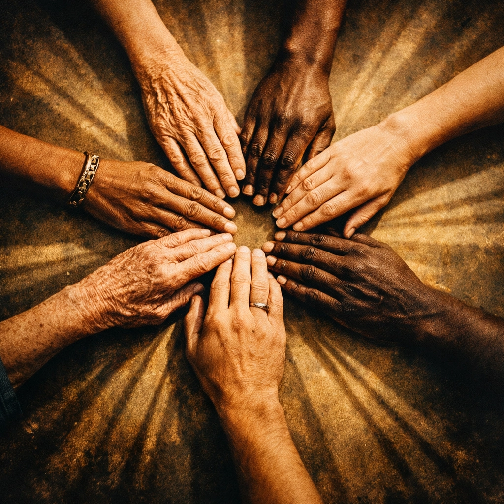 Diverse hands reaching together showing unity in church leadership and shared vision