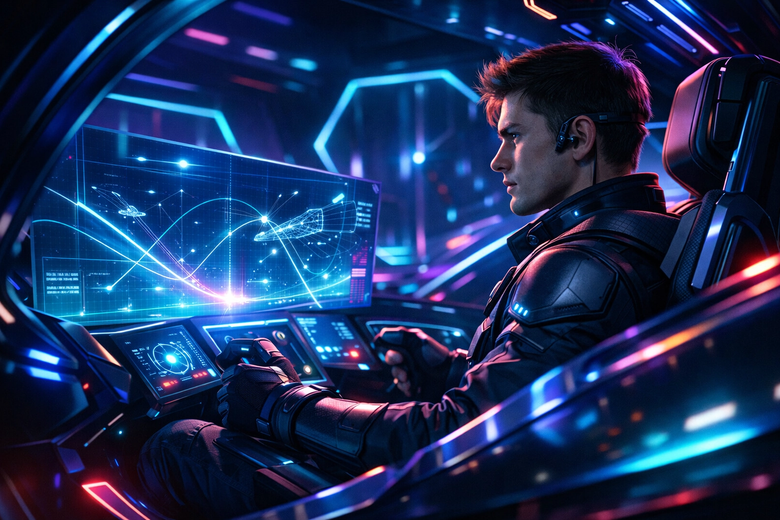 Student trainee using a high-tech simulation pod for career development and workforce skill assessment.