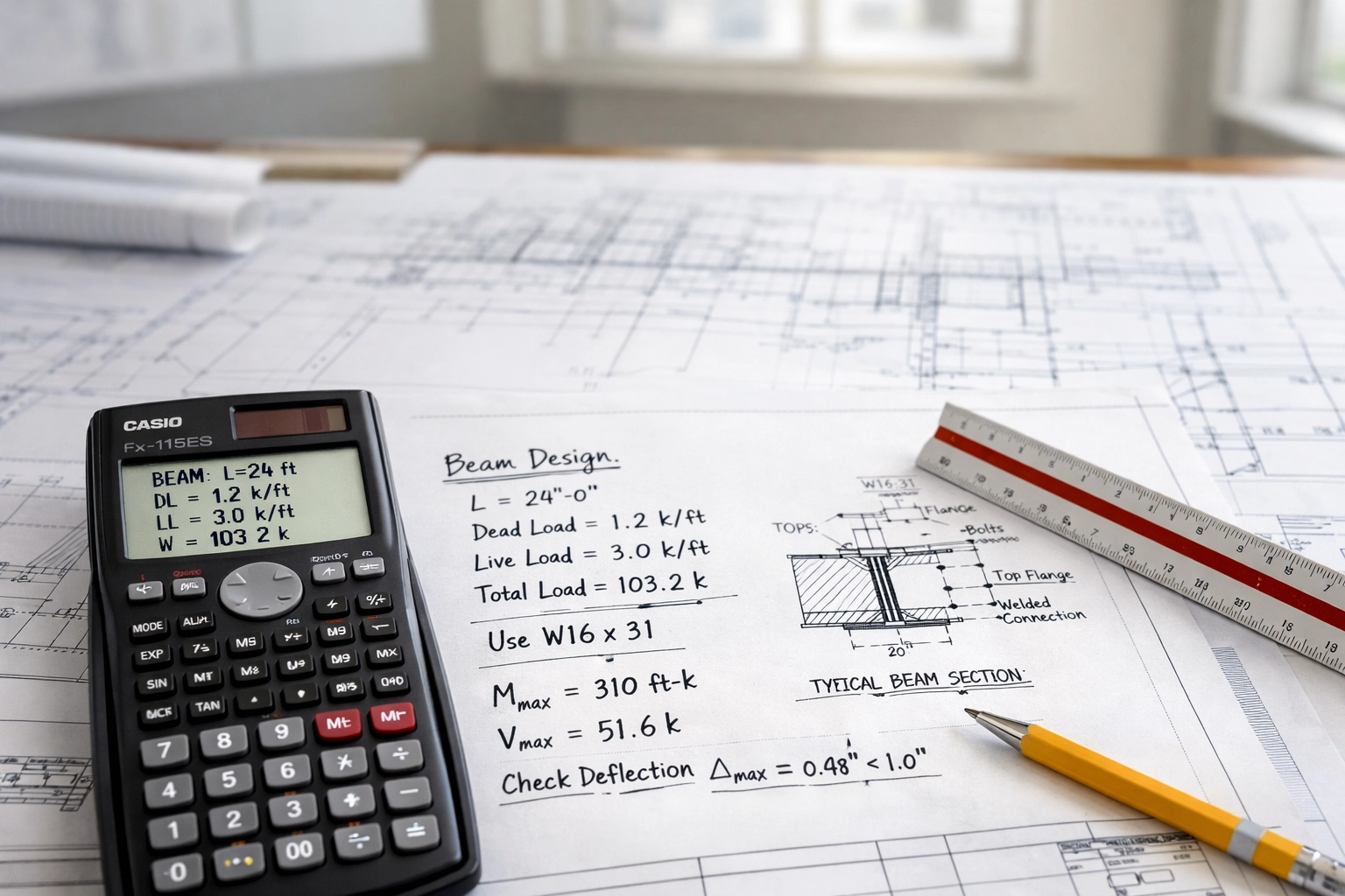 Architectural plans and structural calculations on drafting table for Building Control
