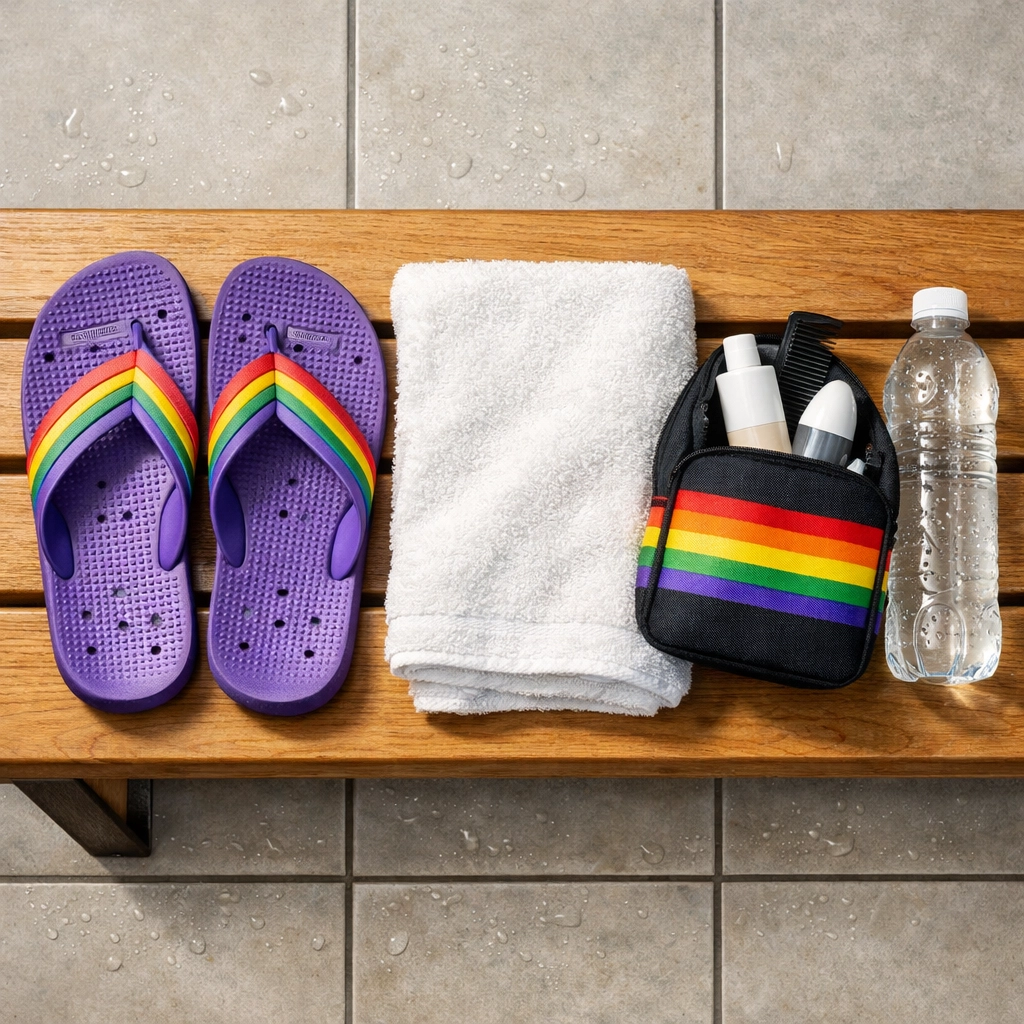Gym hygiene essentials including flip-flops, towel and toiletries on clean locker room bench