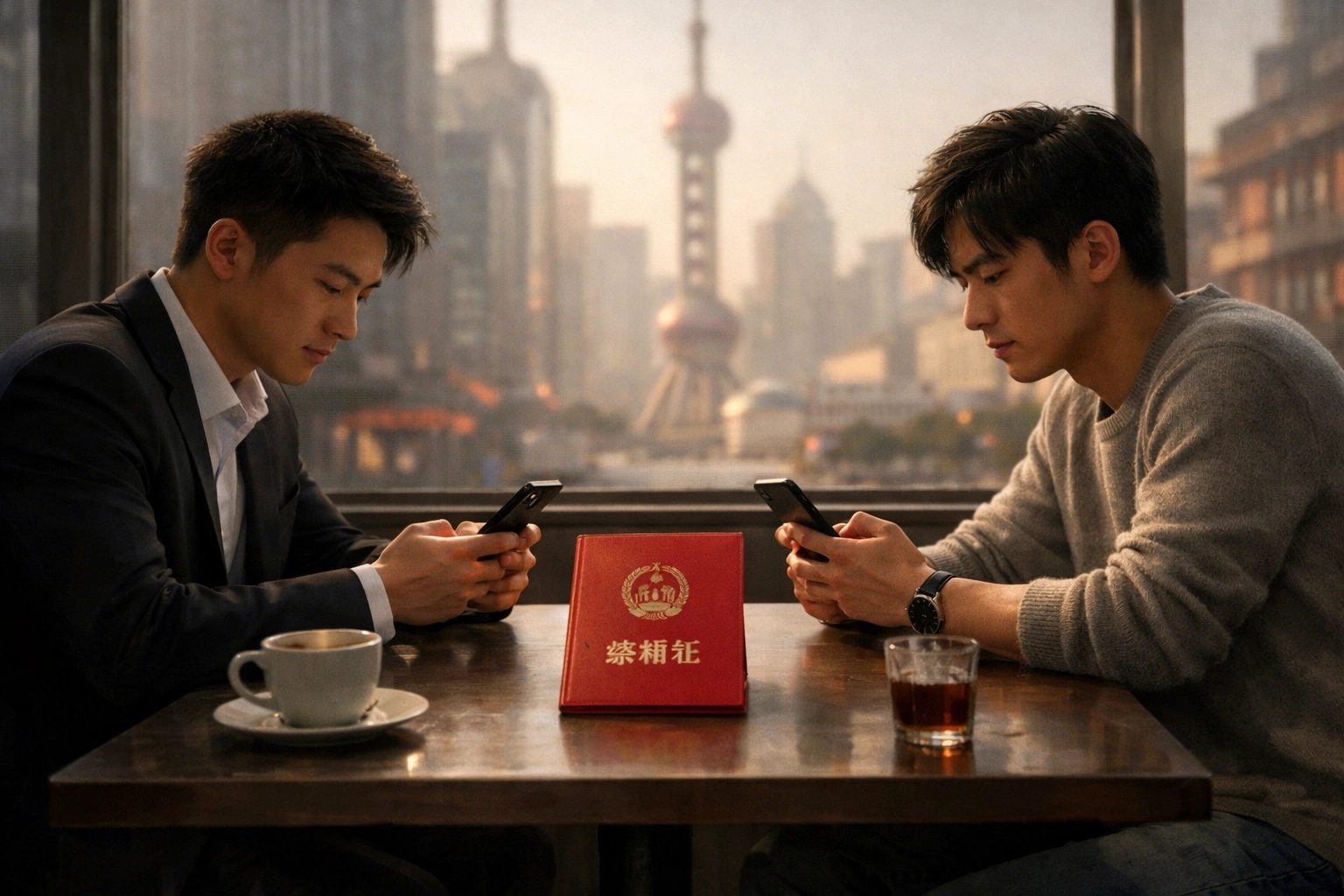 Two gay Chinese men negotiating xinghun marriage arrangement at Shanghai café with certificate