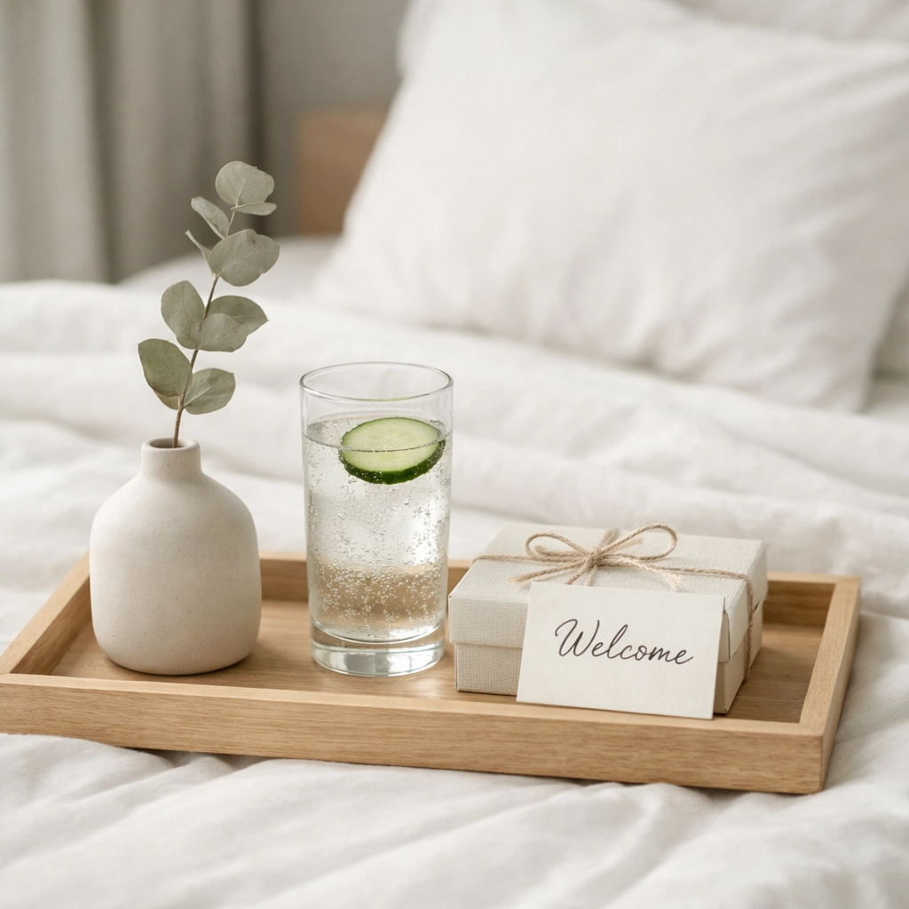 A luxury hotel welcome tray on a bed, showcasing personalized guest service and upselling.