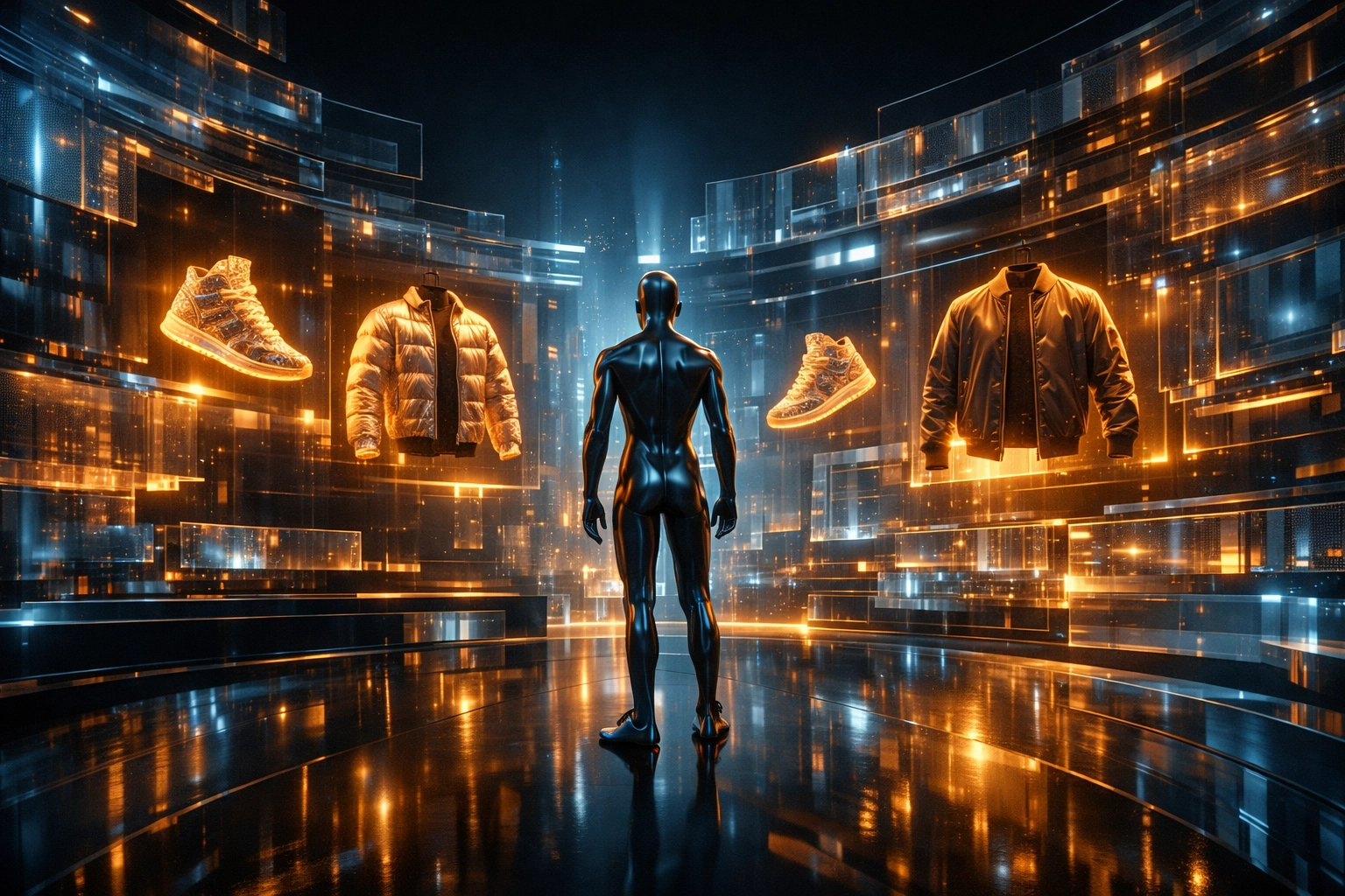 AI-powered virtual boutique in the metaverse featuring predictive shopping and digital fashion.