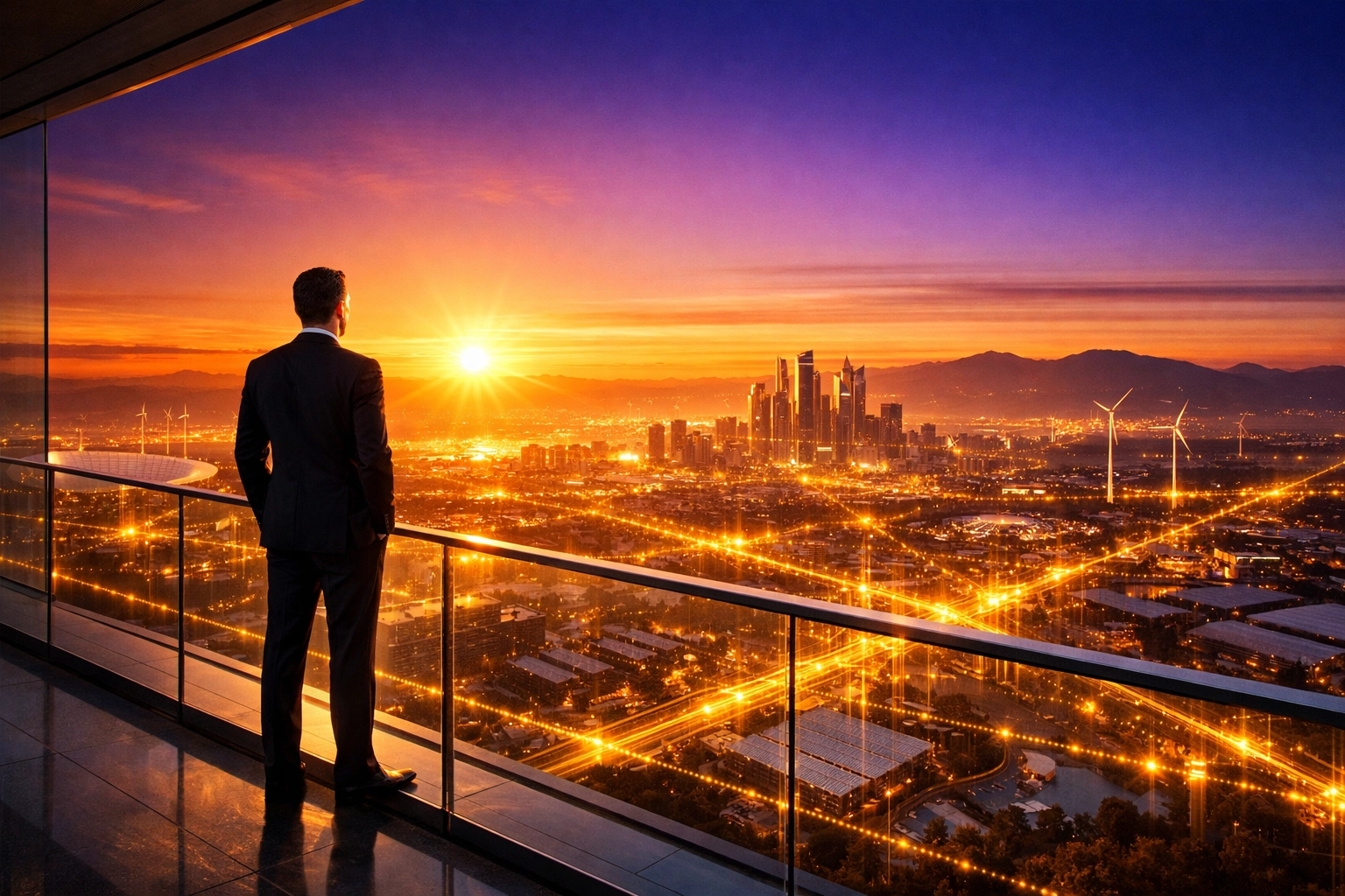 Business owner overlooking a digital landscape symbolizing growth through AI automation for small business.