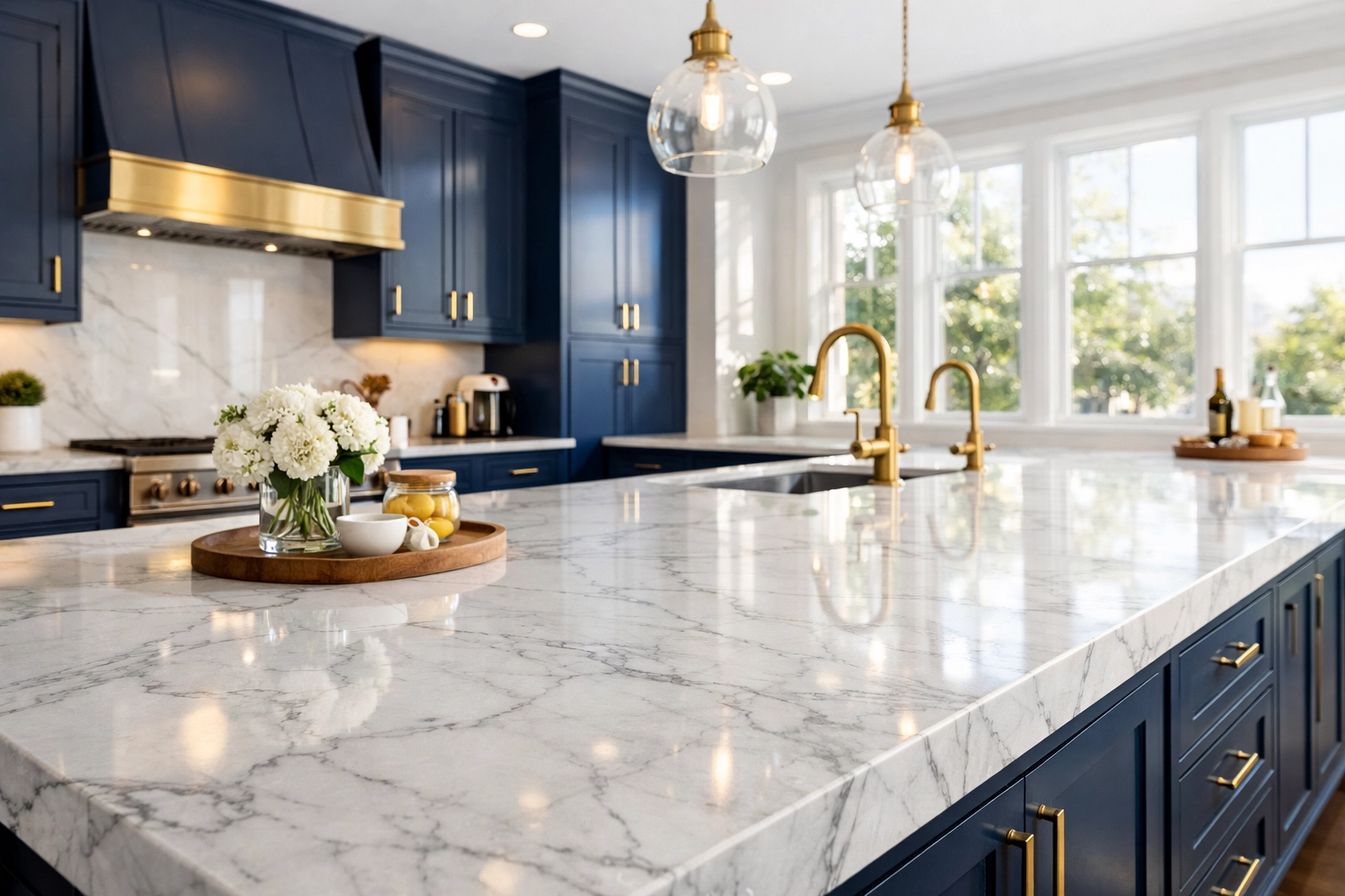 Spotless marble kitchen island in a luxury Winchester home cleaned with eco-friendly products.
