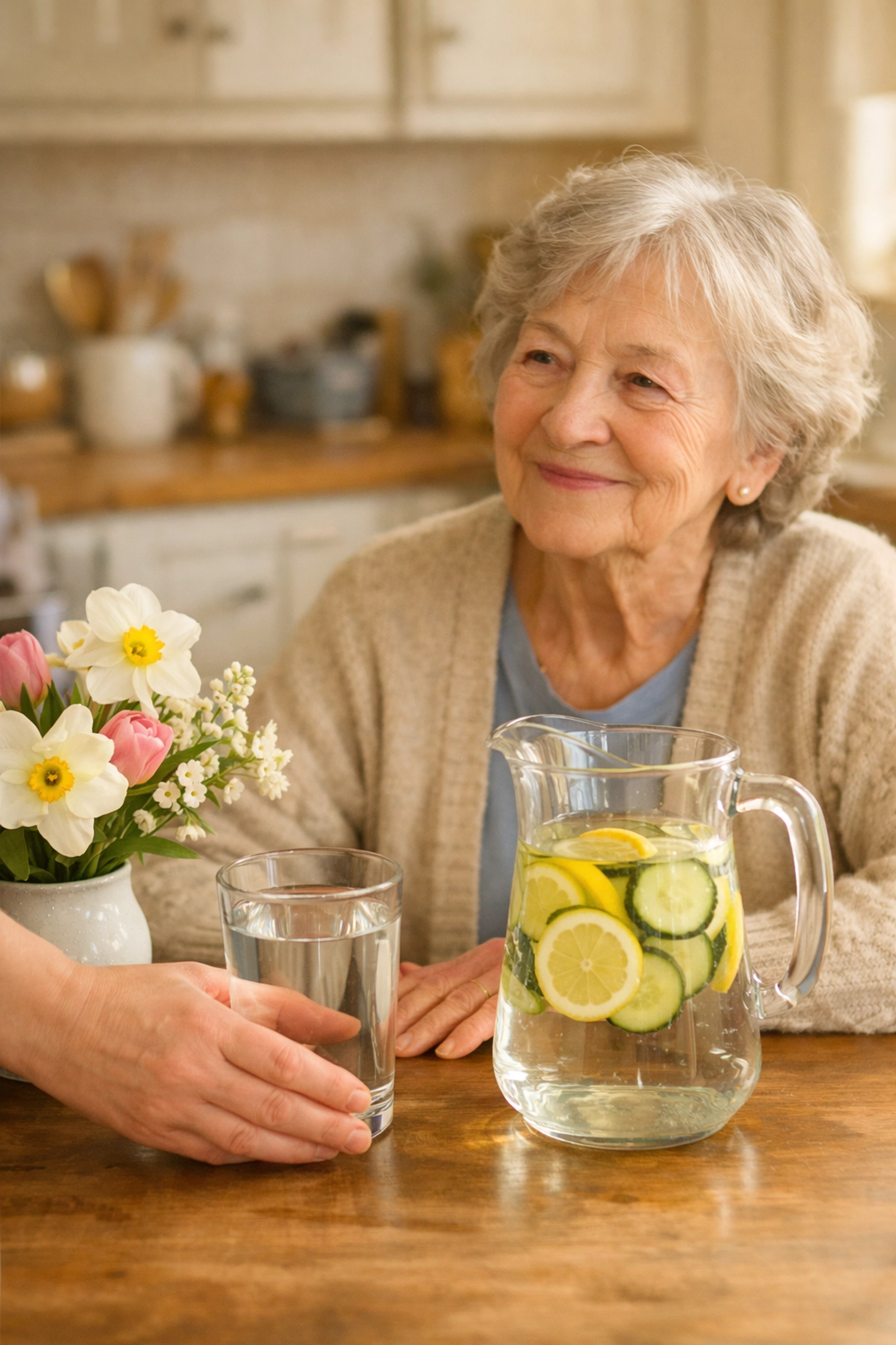 In-home care provider serving water to a senior to support healthy hydration and independent living.