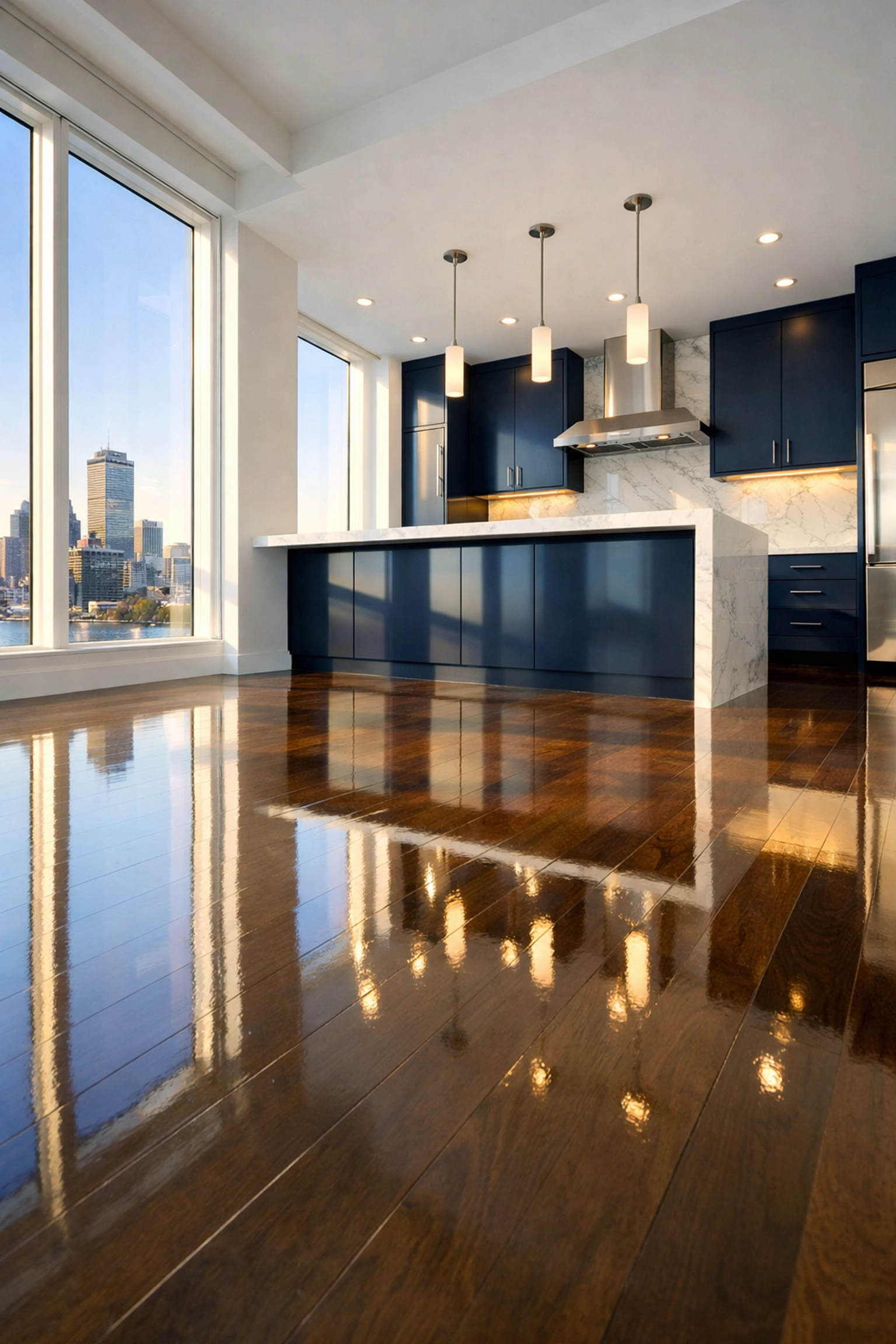 Professionally cleaned Boston high-rise apartment with polished floors ready for a fast real estate closing.