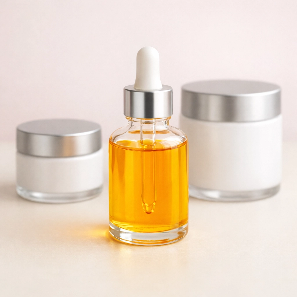 Aceite de zanahoria dorado para la piel en una rutina minimalista de 3 pasos con cremas faciales para piel sensible.