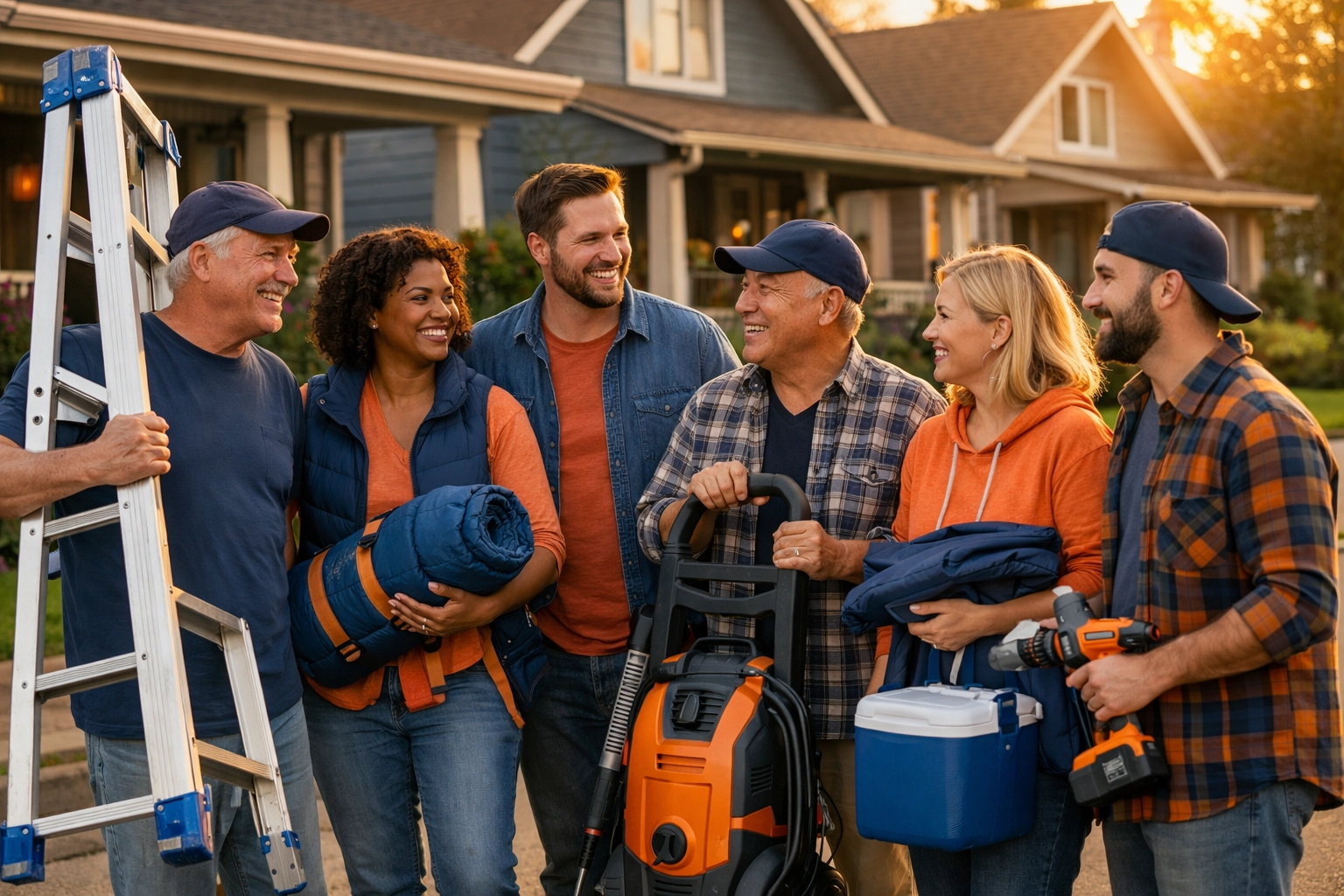 Diverse group of neighbors sharing rental items like ladders and tools on residential street