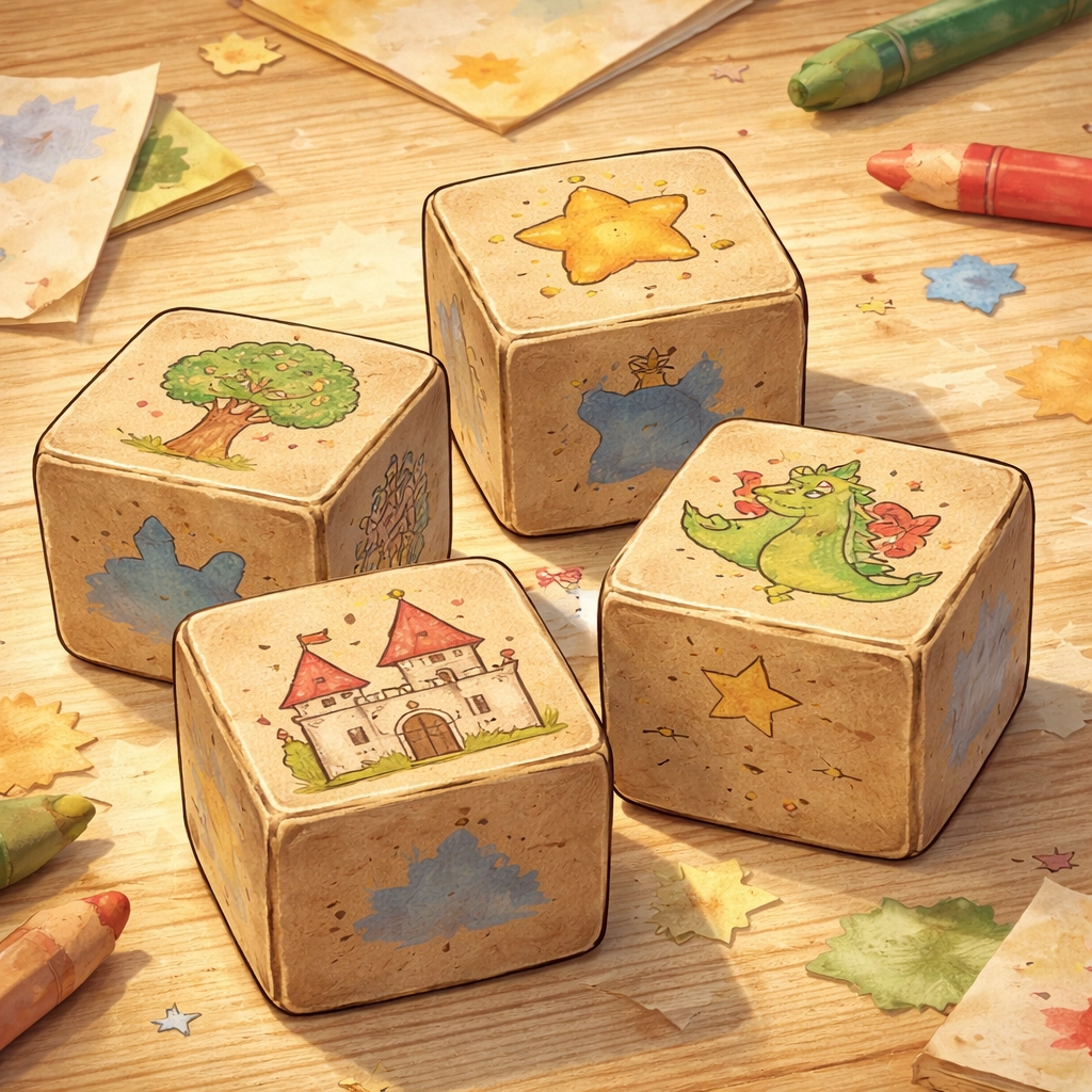 Close-up of handmade cardboard story dice featuring childlike drawings of castles and dragons