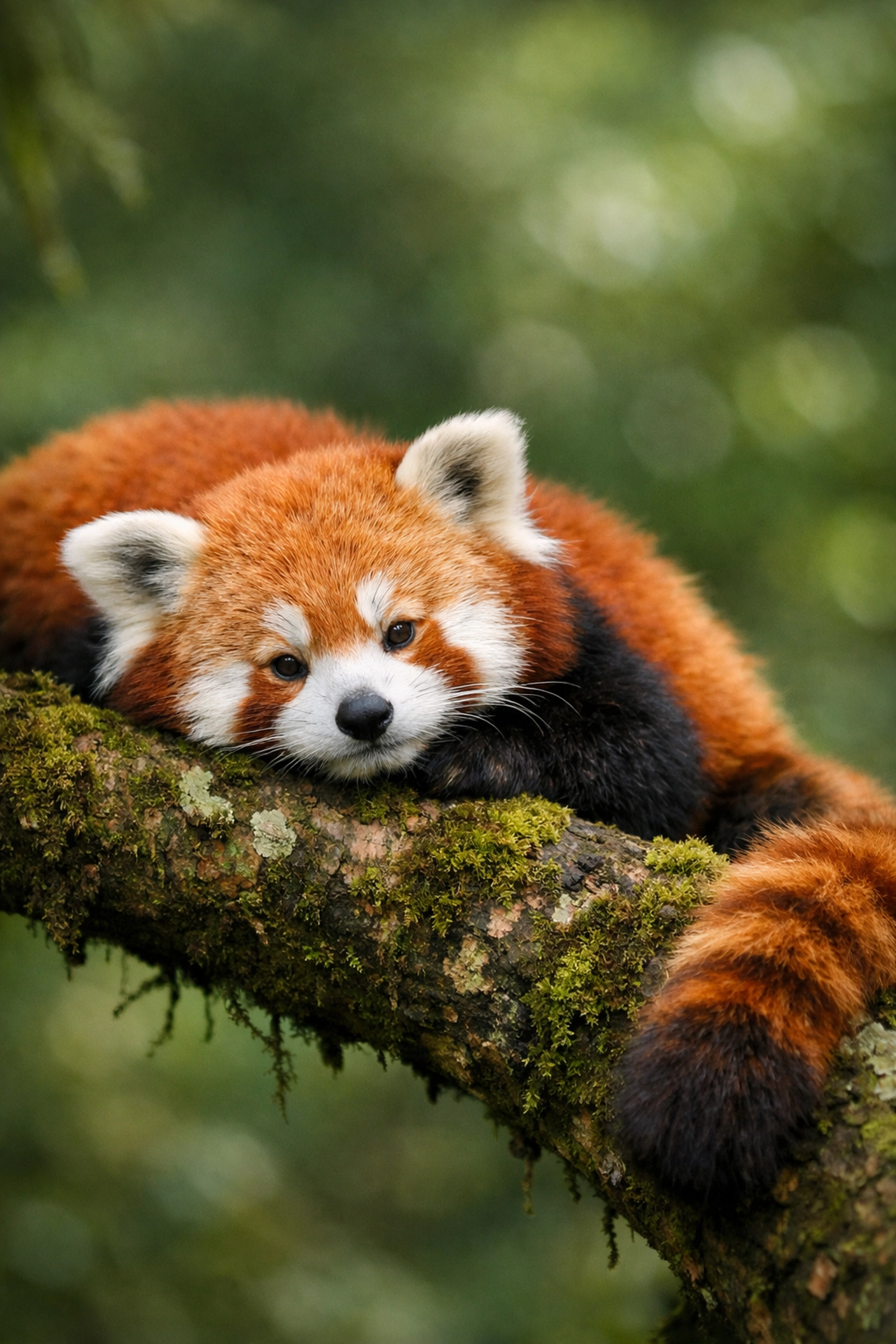 Red Panda resting on a mossy branch, illustrating visual storytelling and sponsored animal species spotlights.