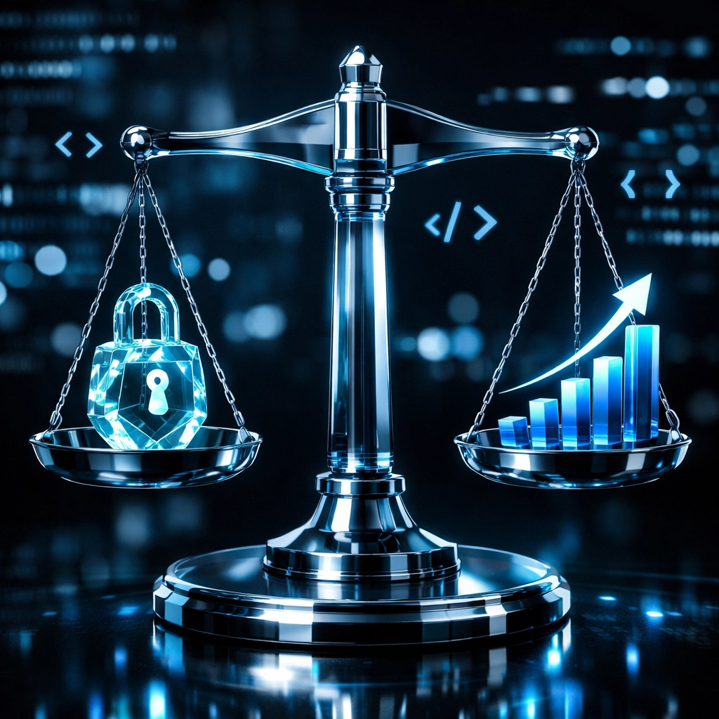 Balanced scales with a digital lock and growth chart showing technical SEO services and site security.