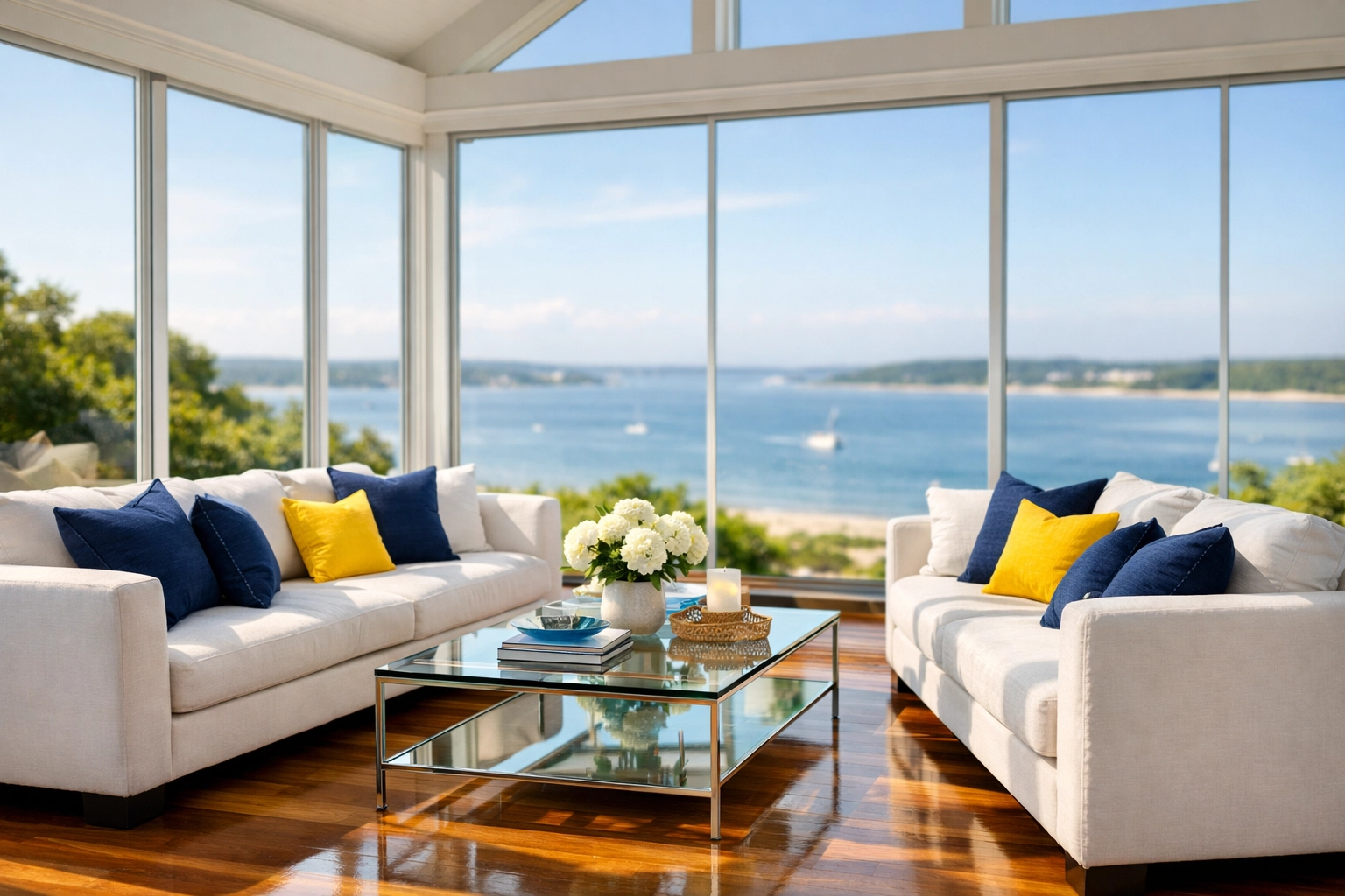 Clean luxury sunroom overlooking Duxbury Bay, representing high-end estate maintenance and peace of mind.